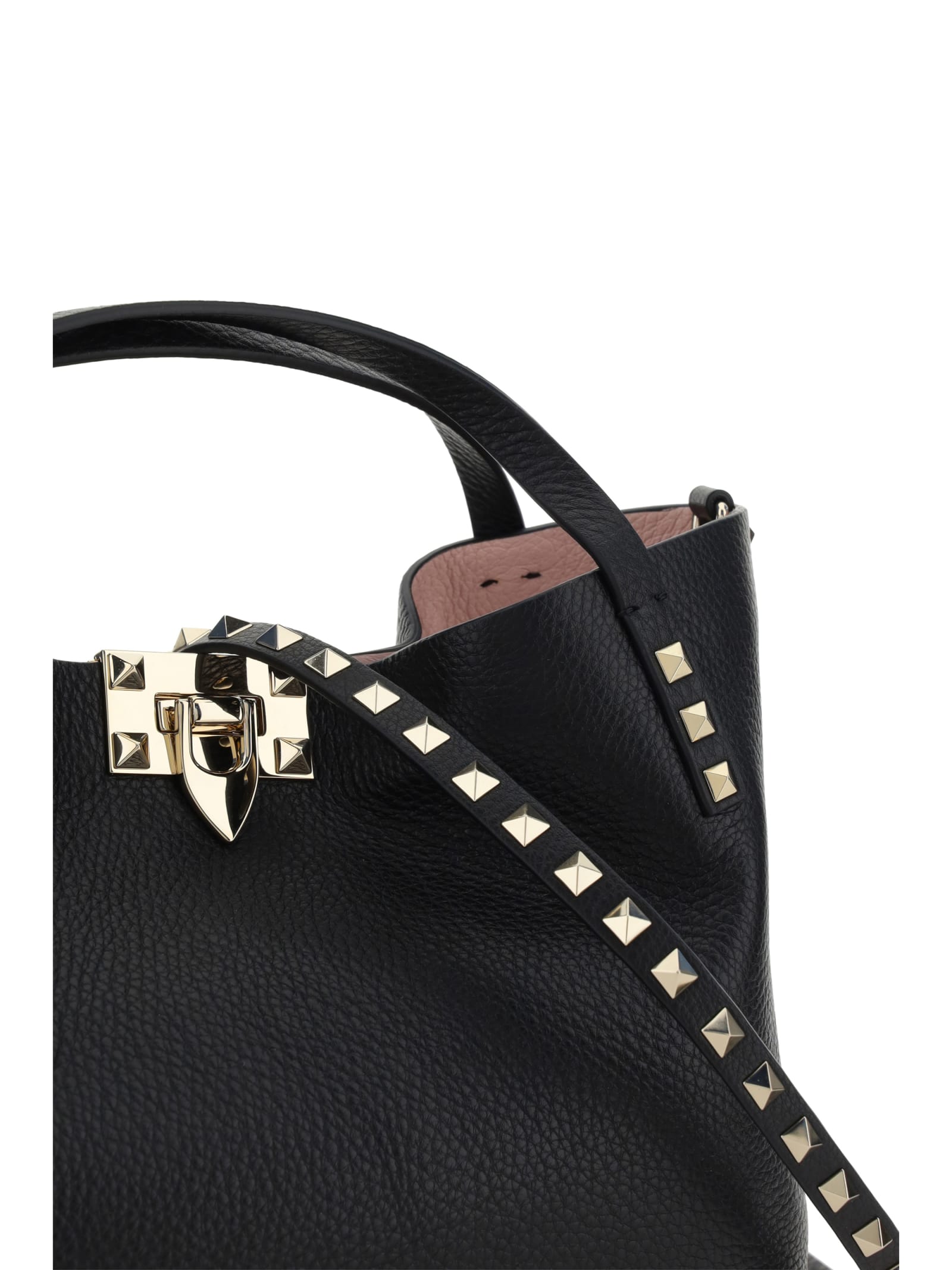 Shop Valentino Rockstud Handbag In Nero/rose Quartz