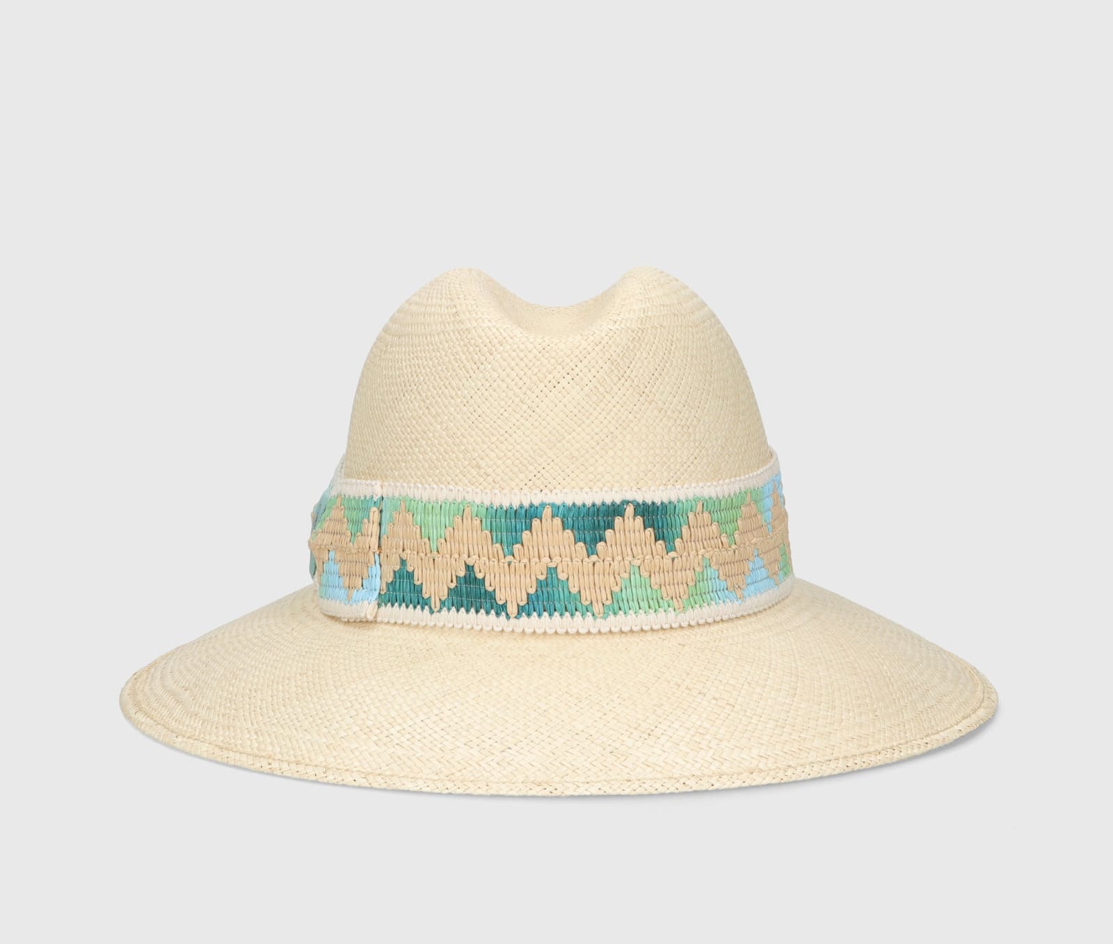 Shop Borsalino Claudette Panama Quito Patterned Hatband In Natural, Patterned Aqua Green Hat Band