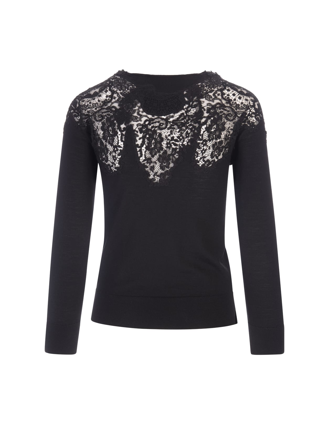 Ermanno Scervino Black Wool Sweater With Lace Applications