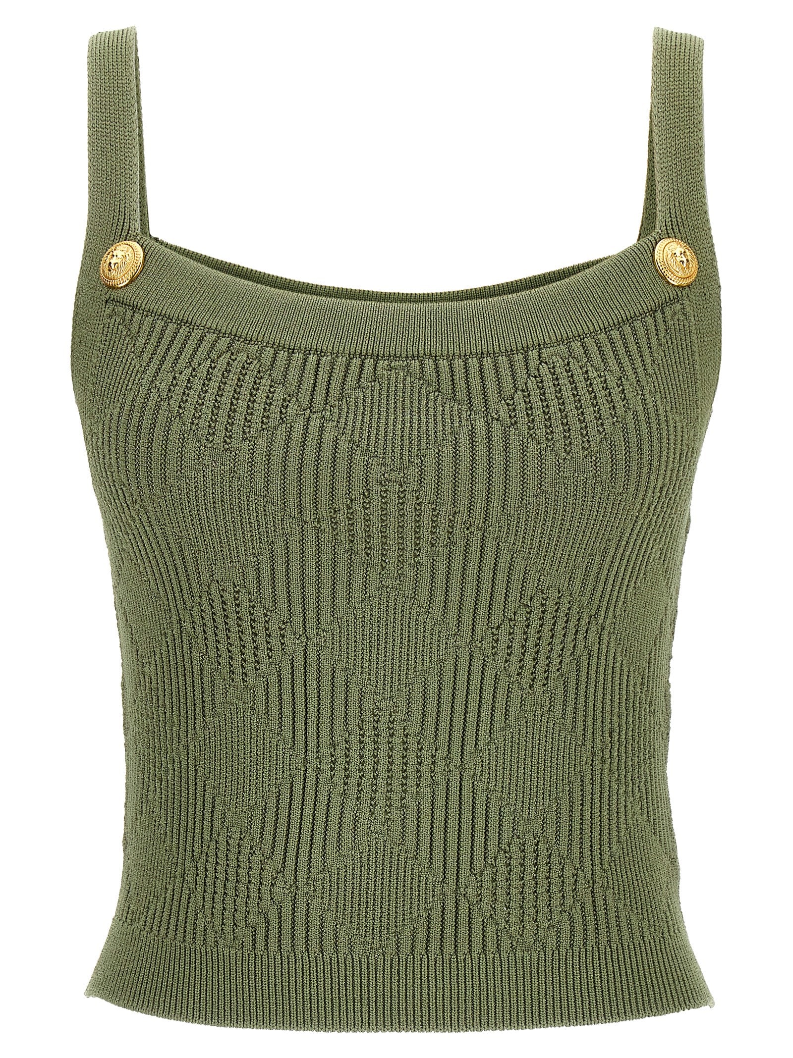 Shop Balmain Openwork Knit Top In Green