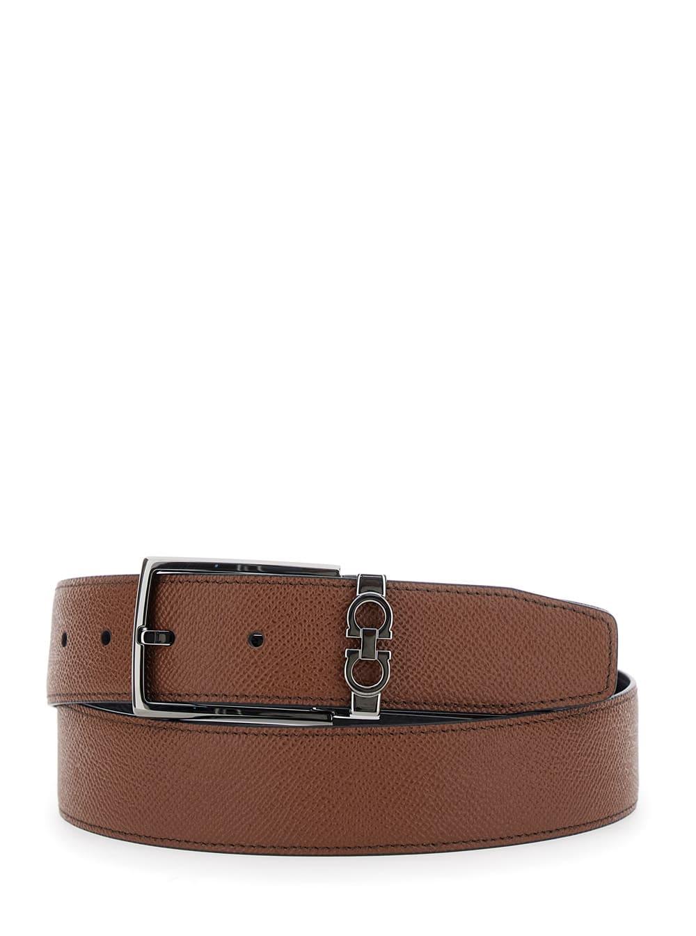 Brown Reversible Belt With Gancini Buckle In Leather Man