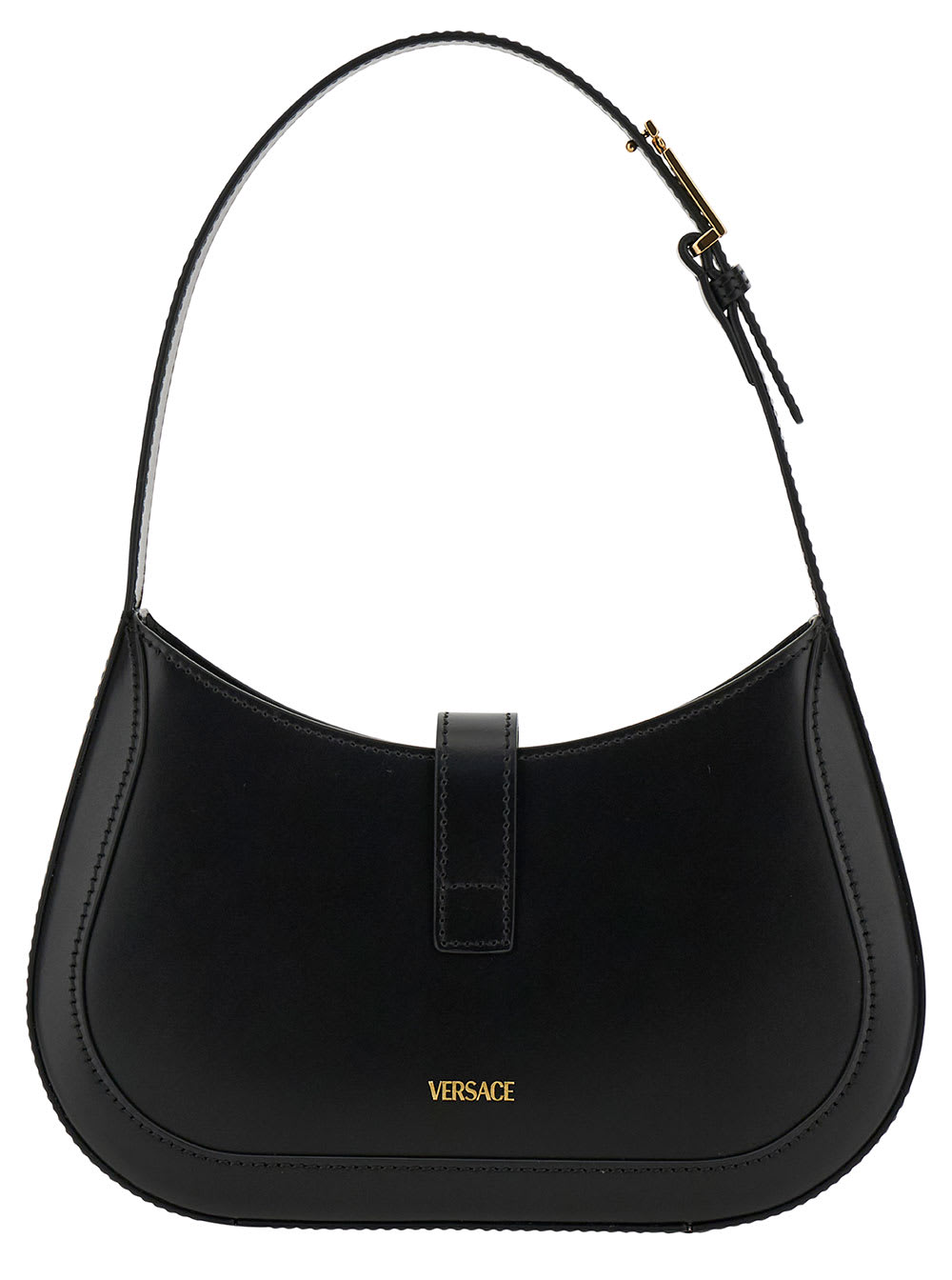 Shop Versace Greca Goddess Small Black Hobo Bag With Logo Detail In Leather Woman
