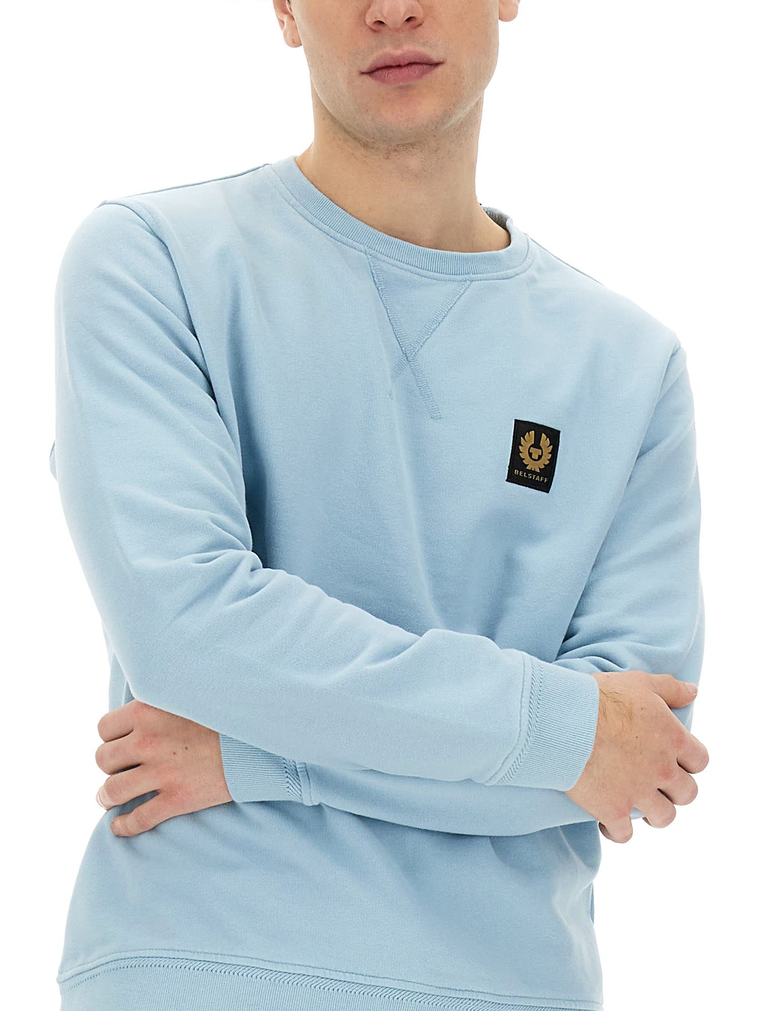 Shop Belstaff Logo Patched Ribbed Sweatshirt In Skyline Blue