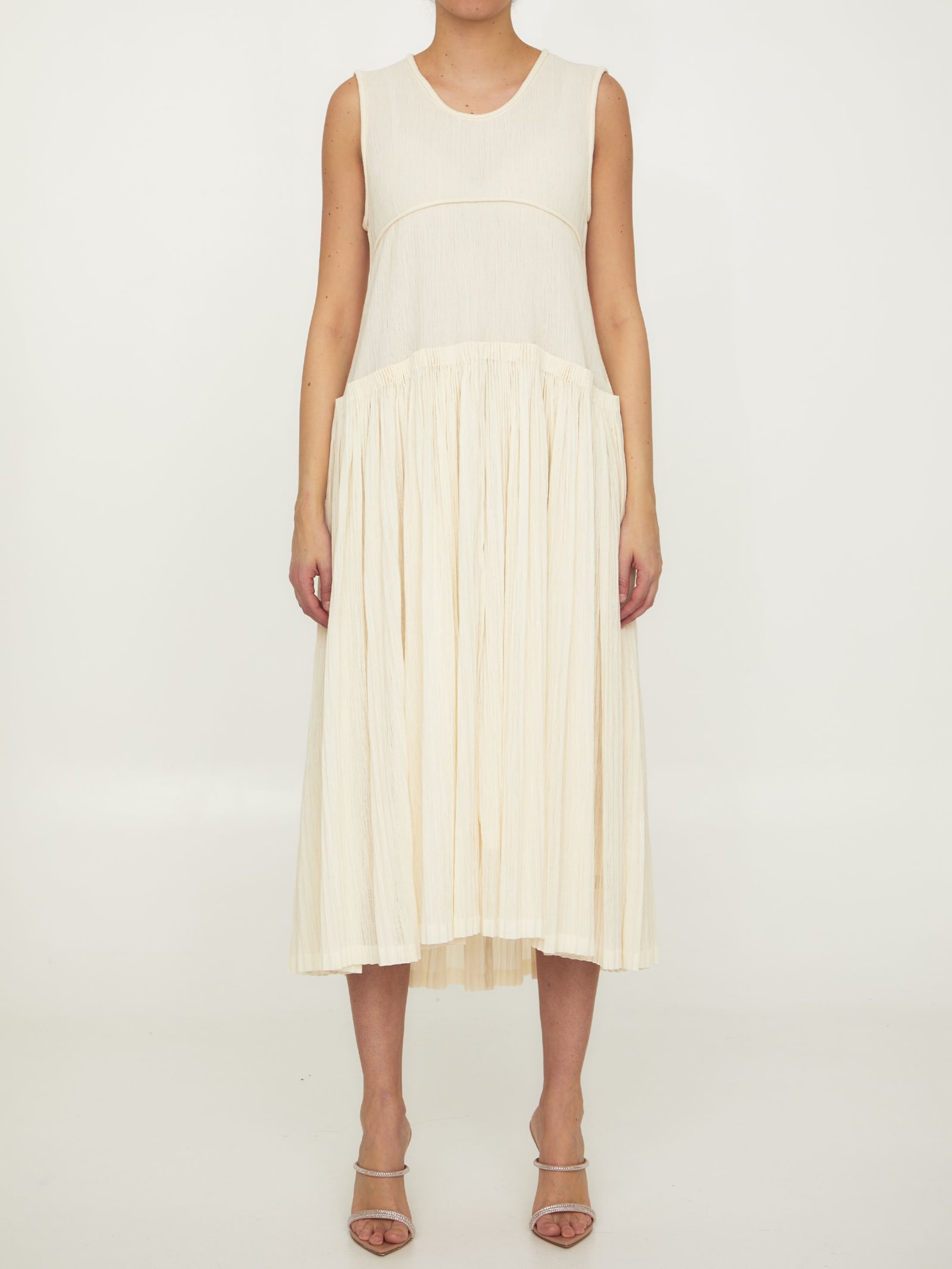 Shop Jil Sander Pleated Cotton Dress In Ivory