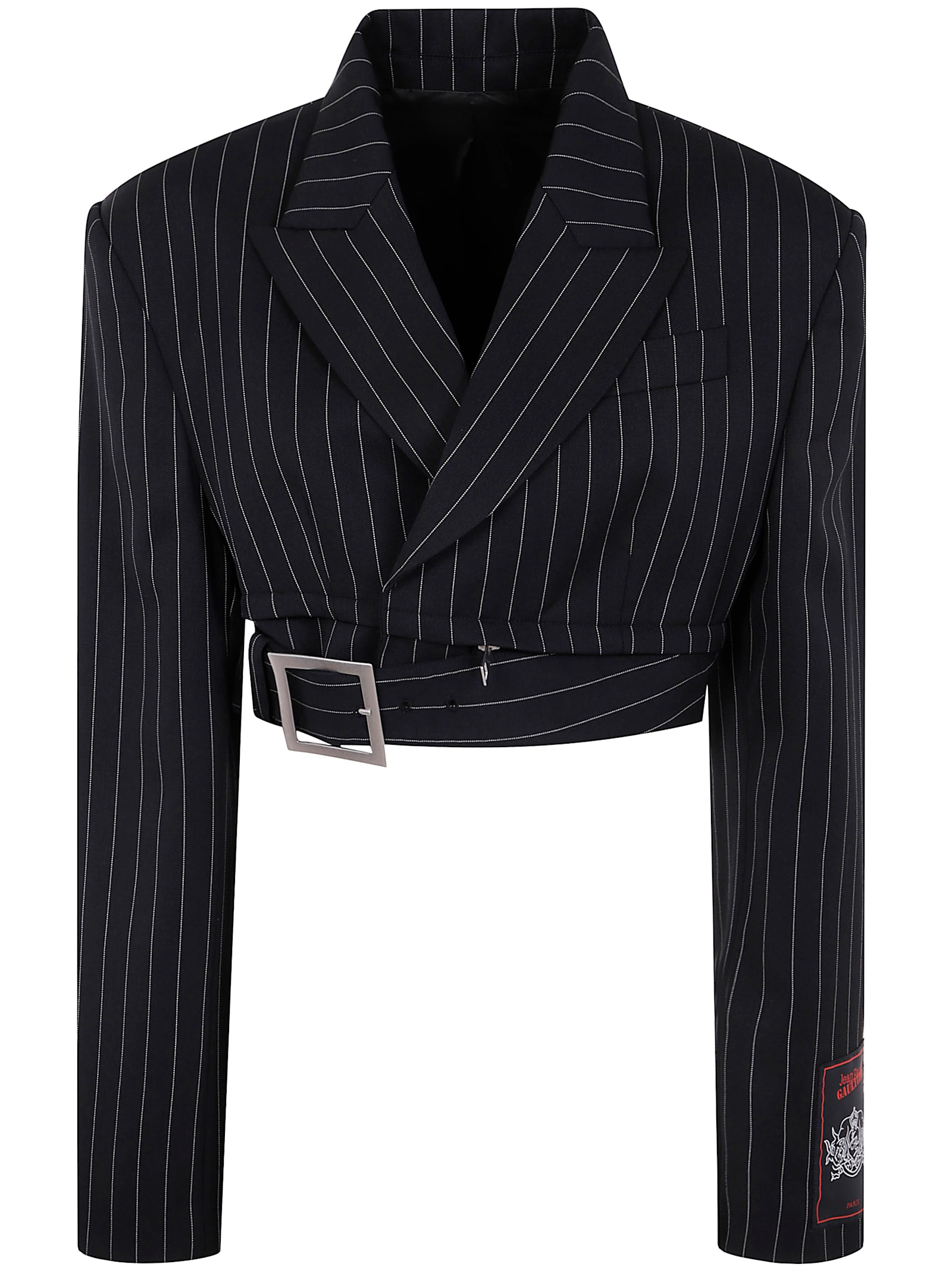 Pinstripe Wool Cropped Tailored Jacket With Zip Off Belt