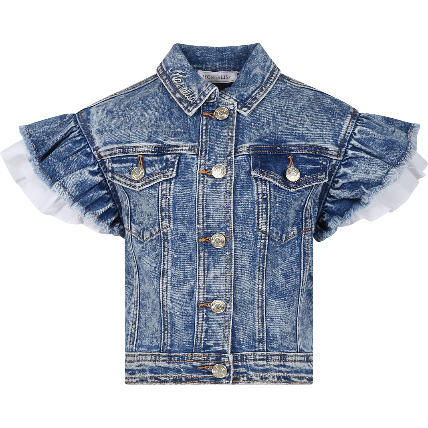 Shop Monnalisa Blue Jacket For Girl With Logo And Rhinestones In Denim
