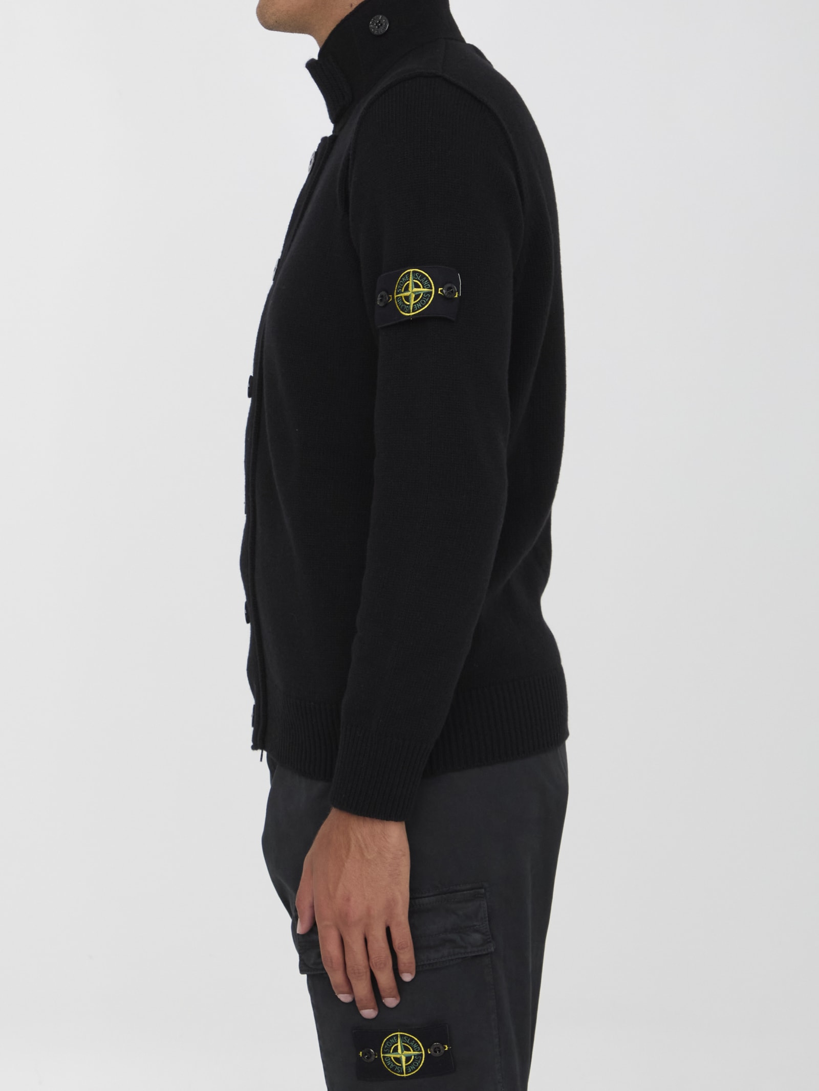 Shop Stone Island Cardigan In Wool Blend In Nero