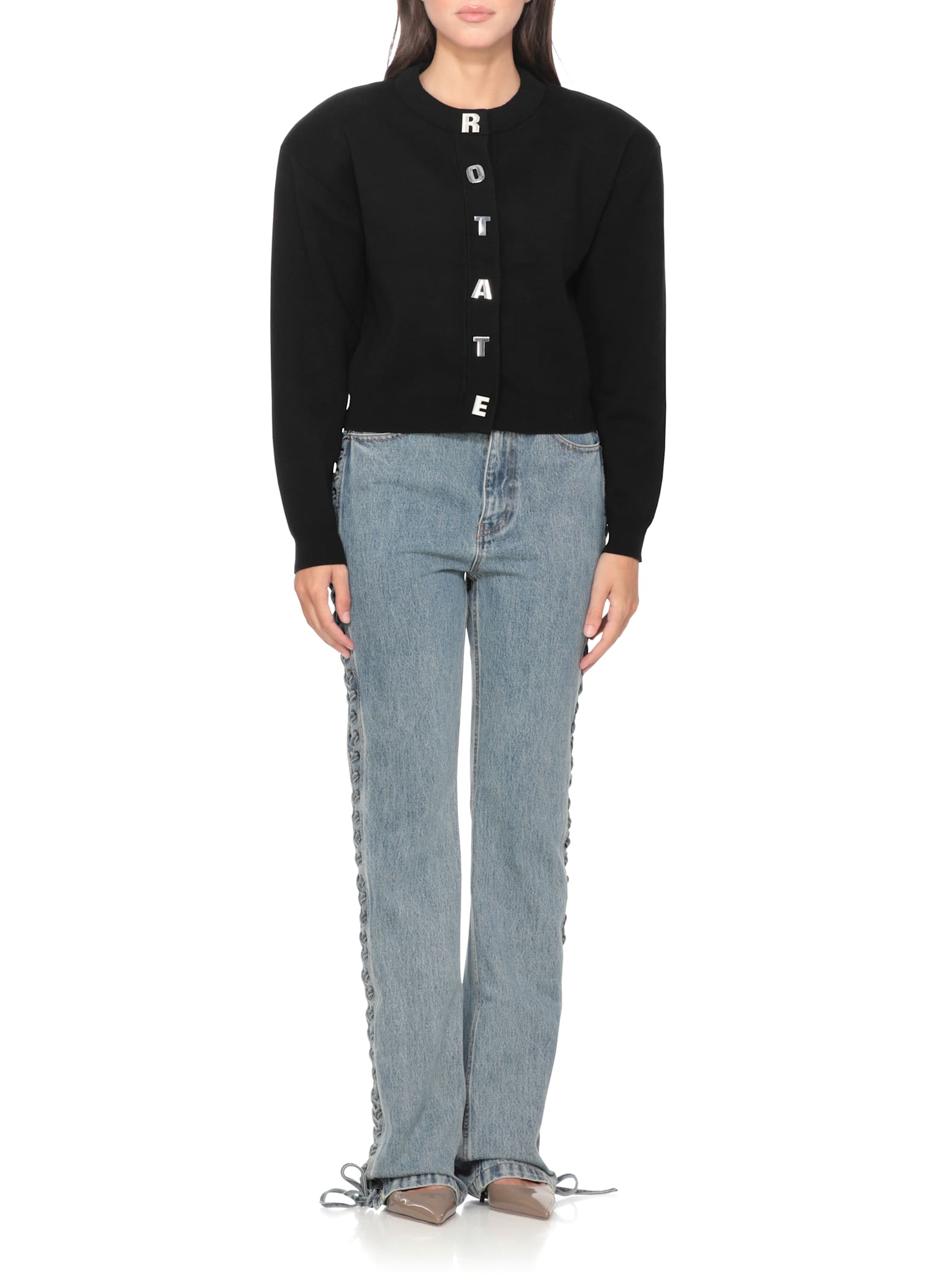 Rotate Birger Christensen Rotate Cropped Black Sweater With Padded Shoulders And Button Embellishments In Black