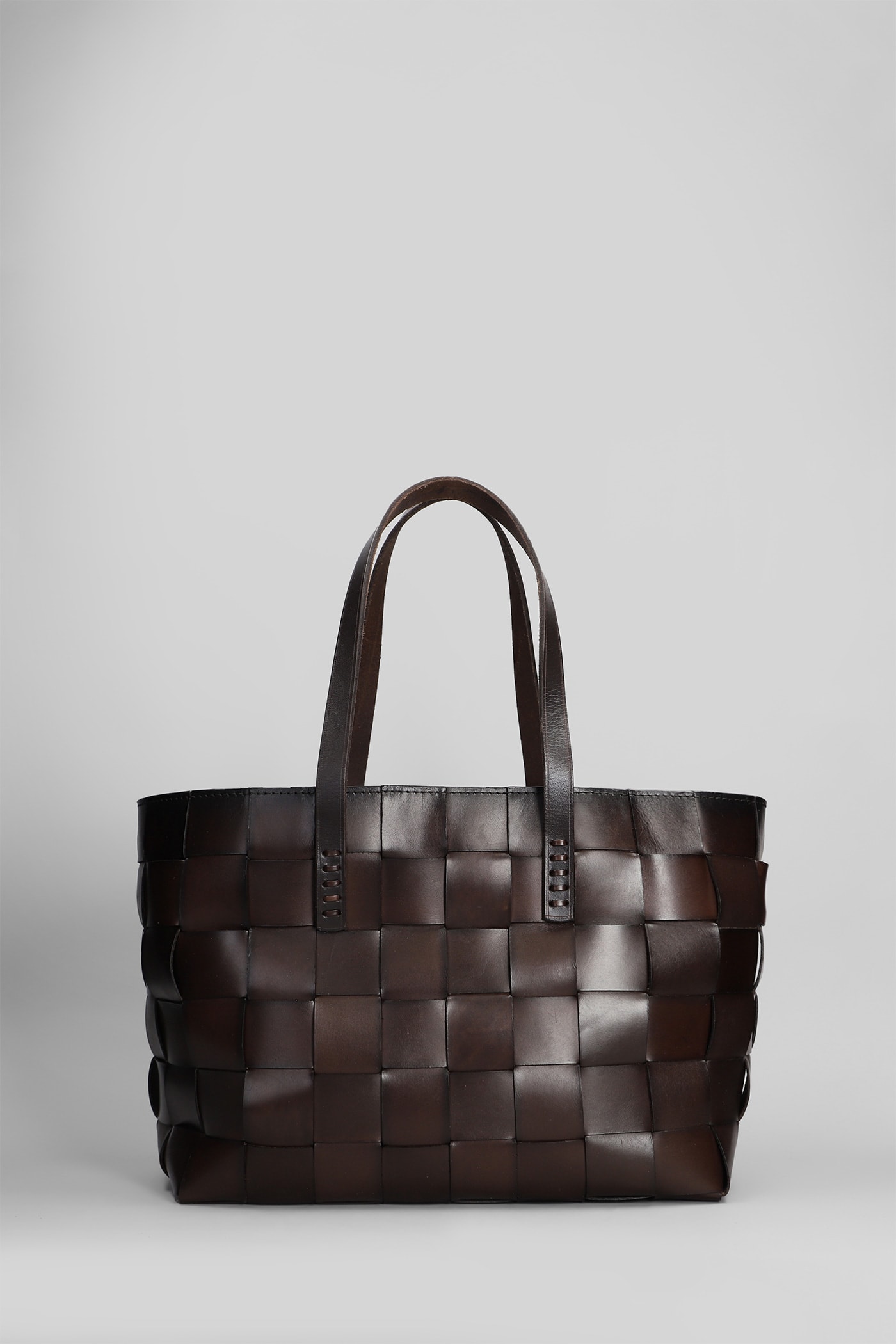 Box Weave Basket Tote In Brown Leather