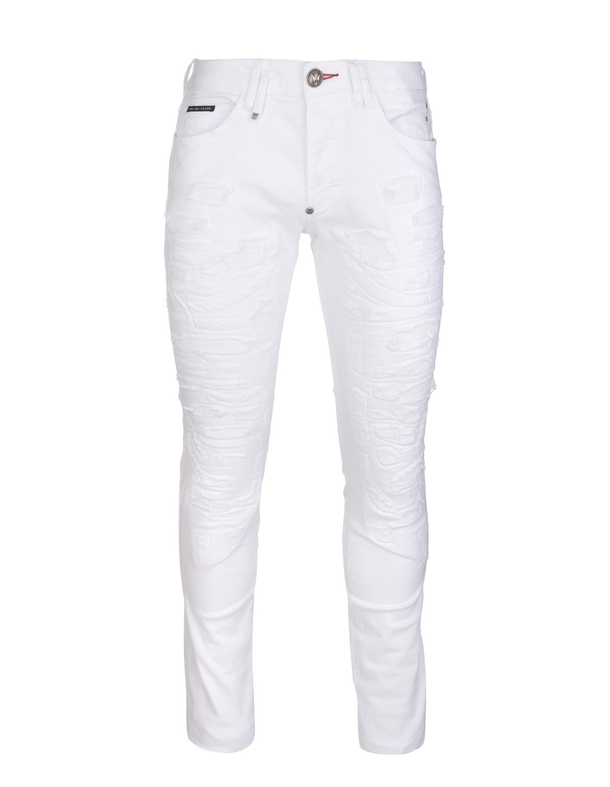 Philipp Plein Man Super Straight Cut Jeans In White Stretch Denim With Rips