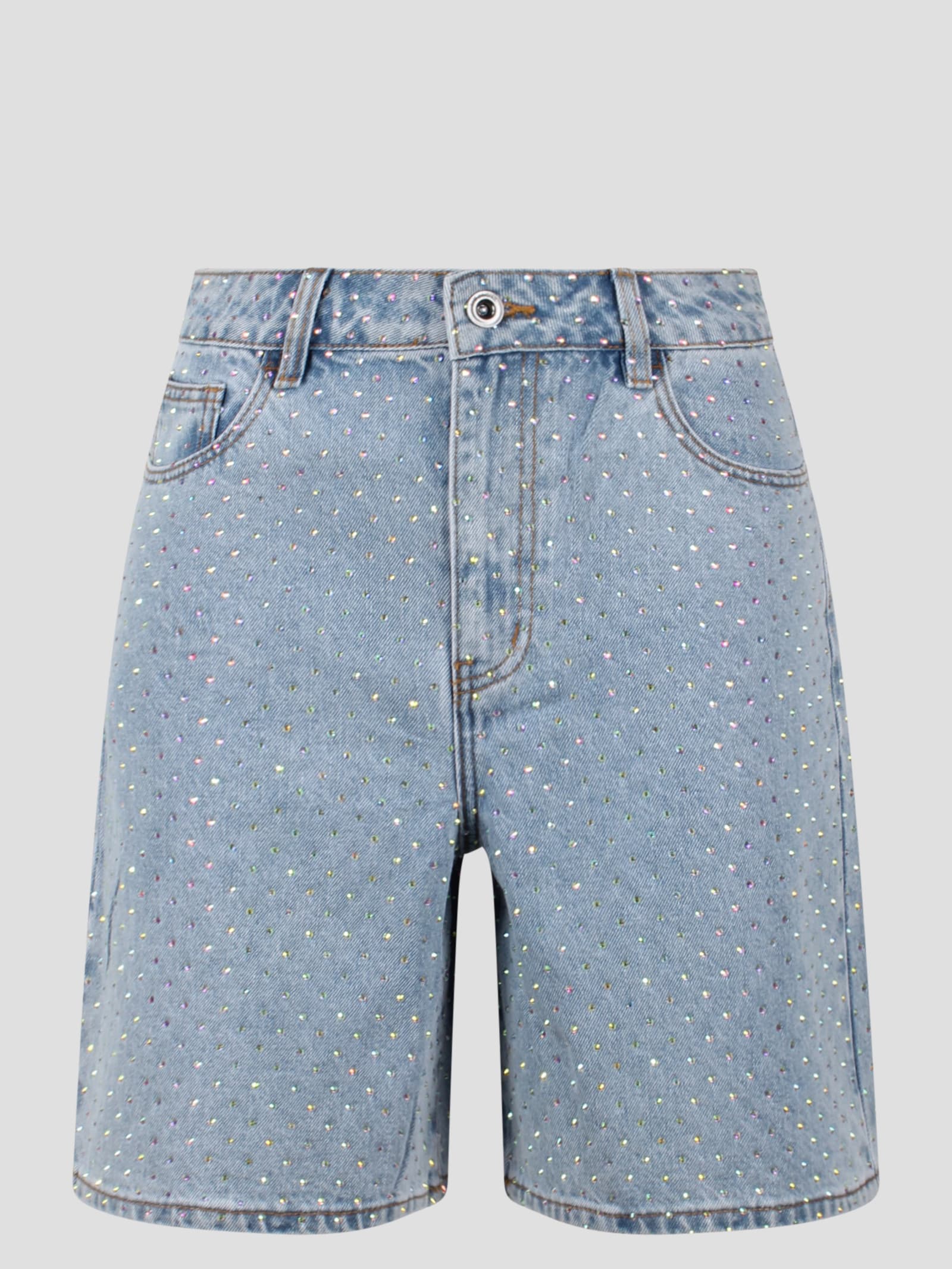 Light Blue Bermuda Shorts With All-over Rhinestones In Cotton Denim Woman
