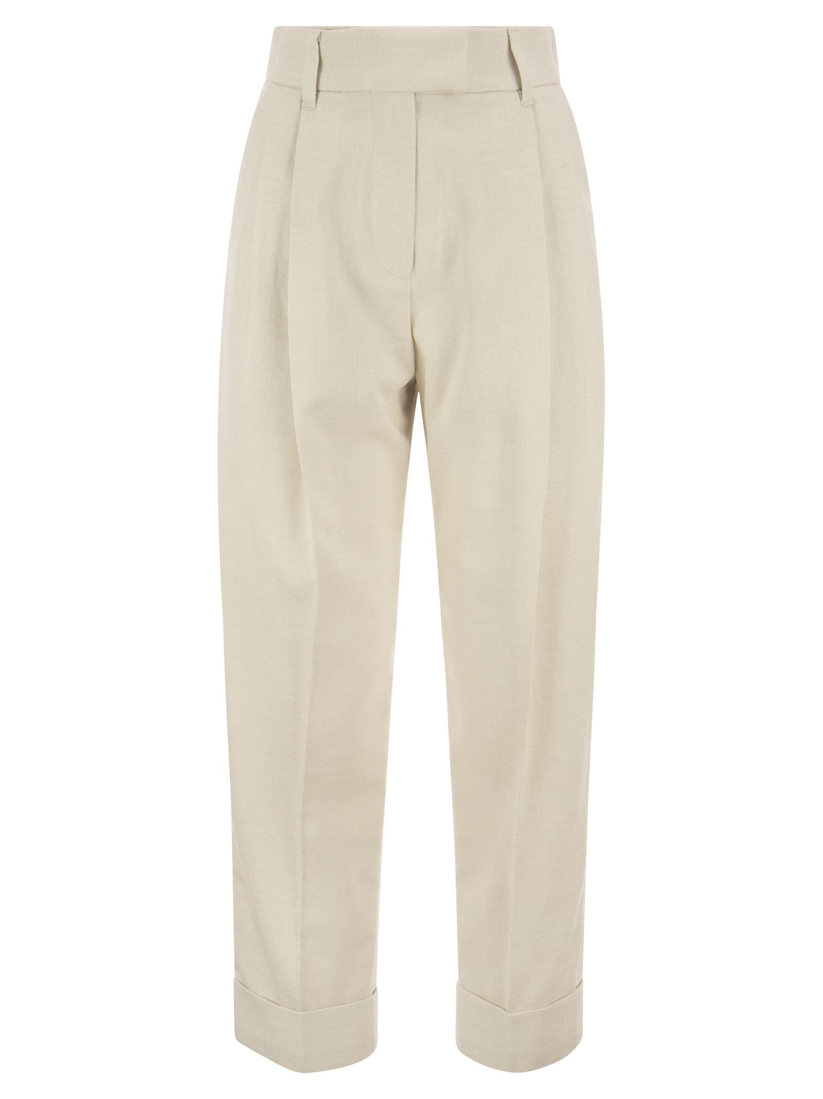 Brunello Cucinelli Baggy Sartorial Trousers In Sparkling Cotton And Viscose Twill With Monile