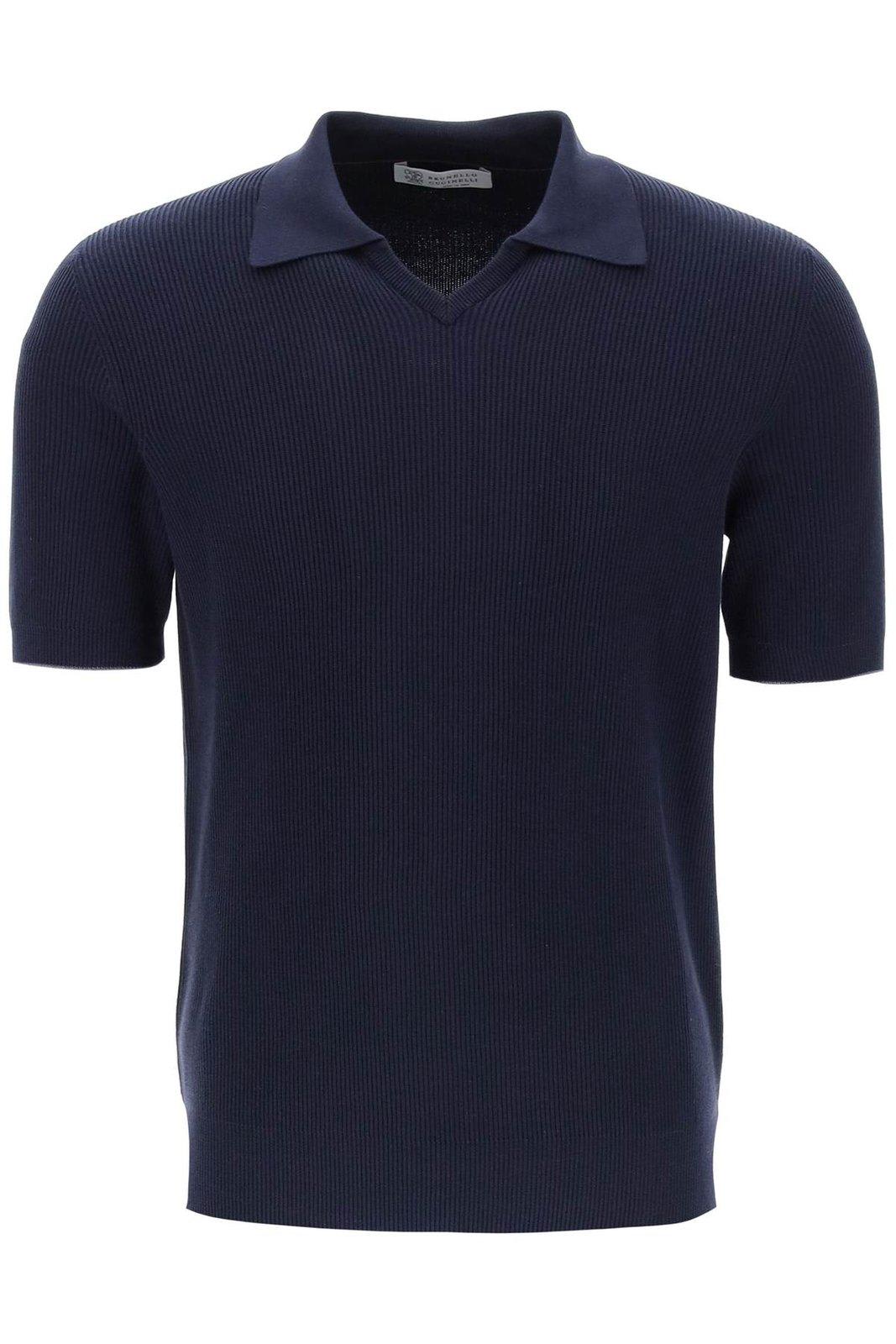 Shop Brunello Cucinelli Short-sleeved Ribbed-knit Polo Shirt In Blue