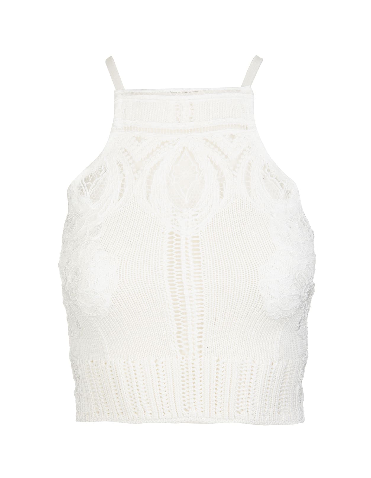 Ermanno Scervino Crop Top In White Knit With Floral Lace And Halter-neck