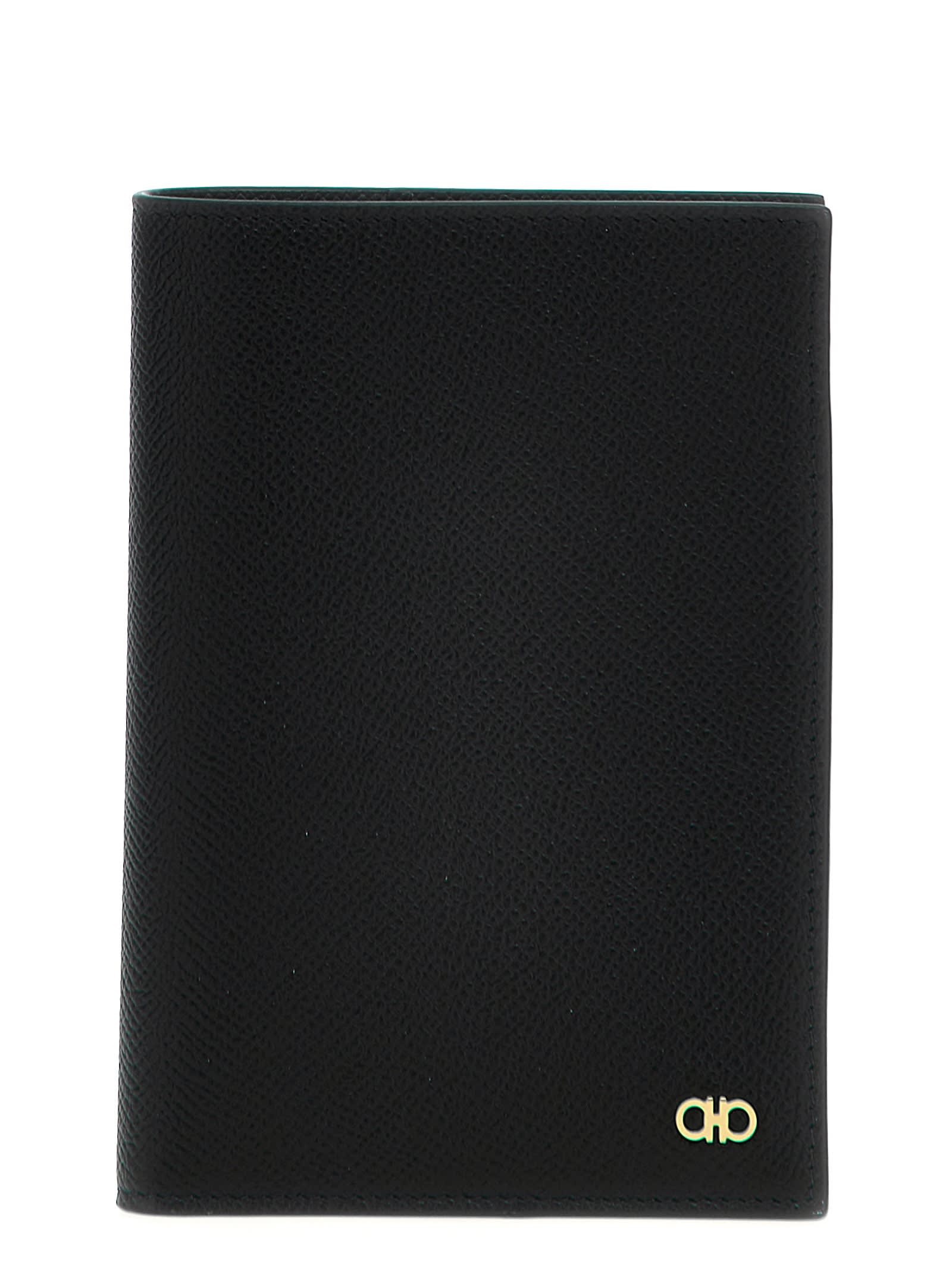 Ferragamo Black Cardholder With Gold-tone Gancini Logo In Calf Leather Man In Black