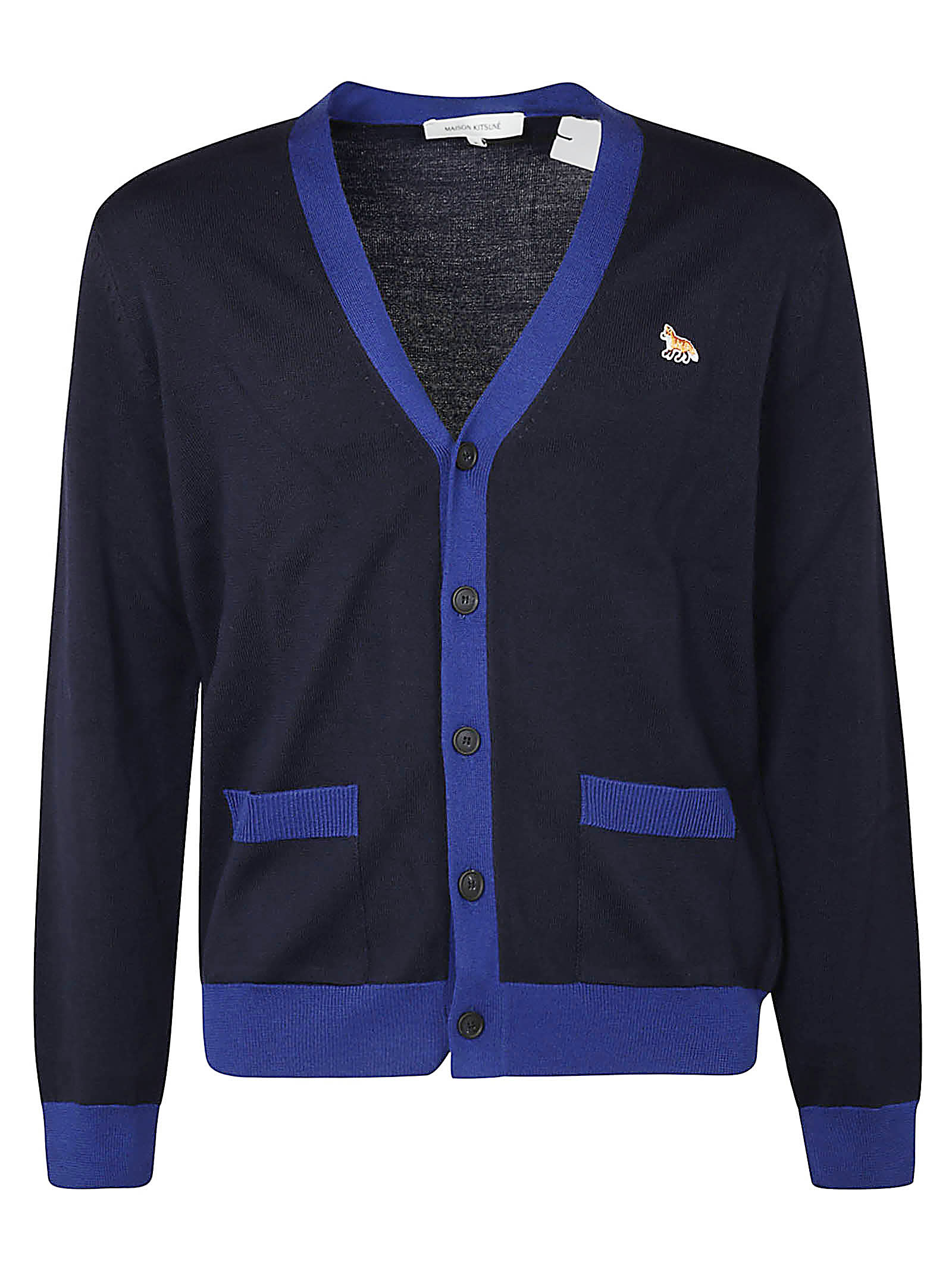 Shop Maison Kitsuné Fox Embroidered Knit Cardigan In Ink Blue