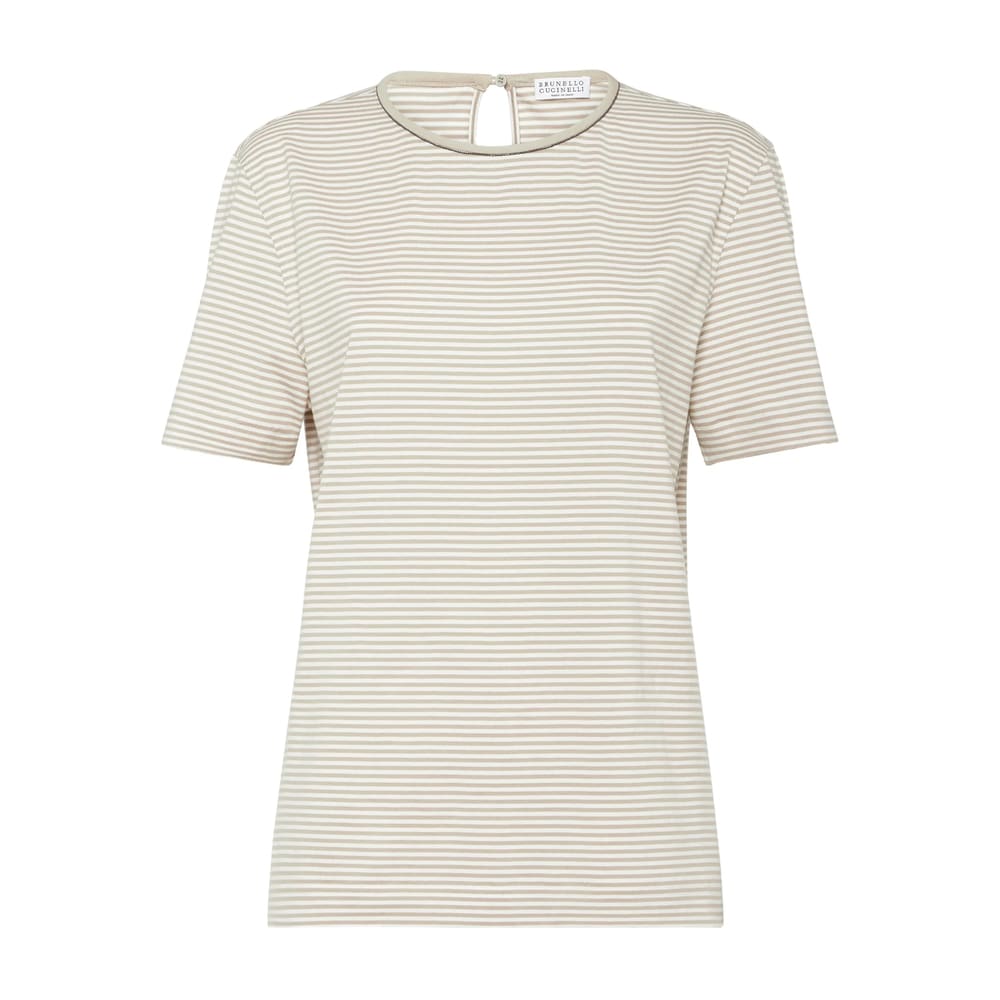 Brunello Cucinelli Striped Crew Neck T-shirt With Keyhole Detail In Neutral