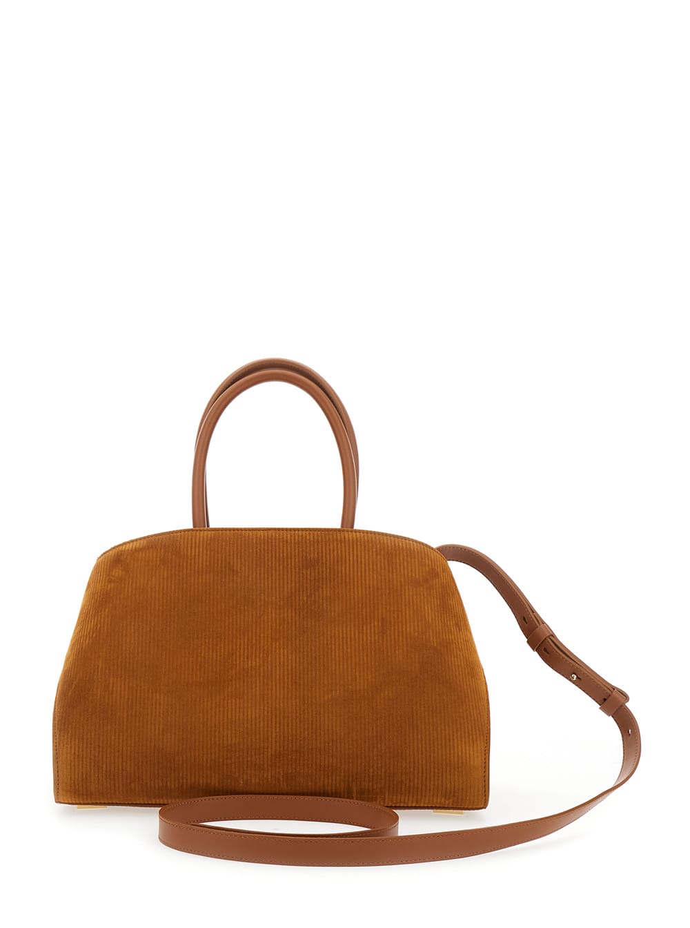 Ferragamo Hug Grainy Small Embellished Leather-trimmed Ribbed Suede Tote In Brown