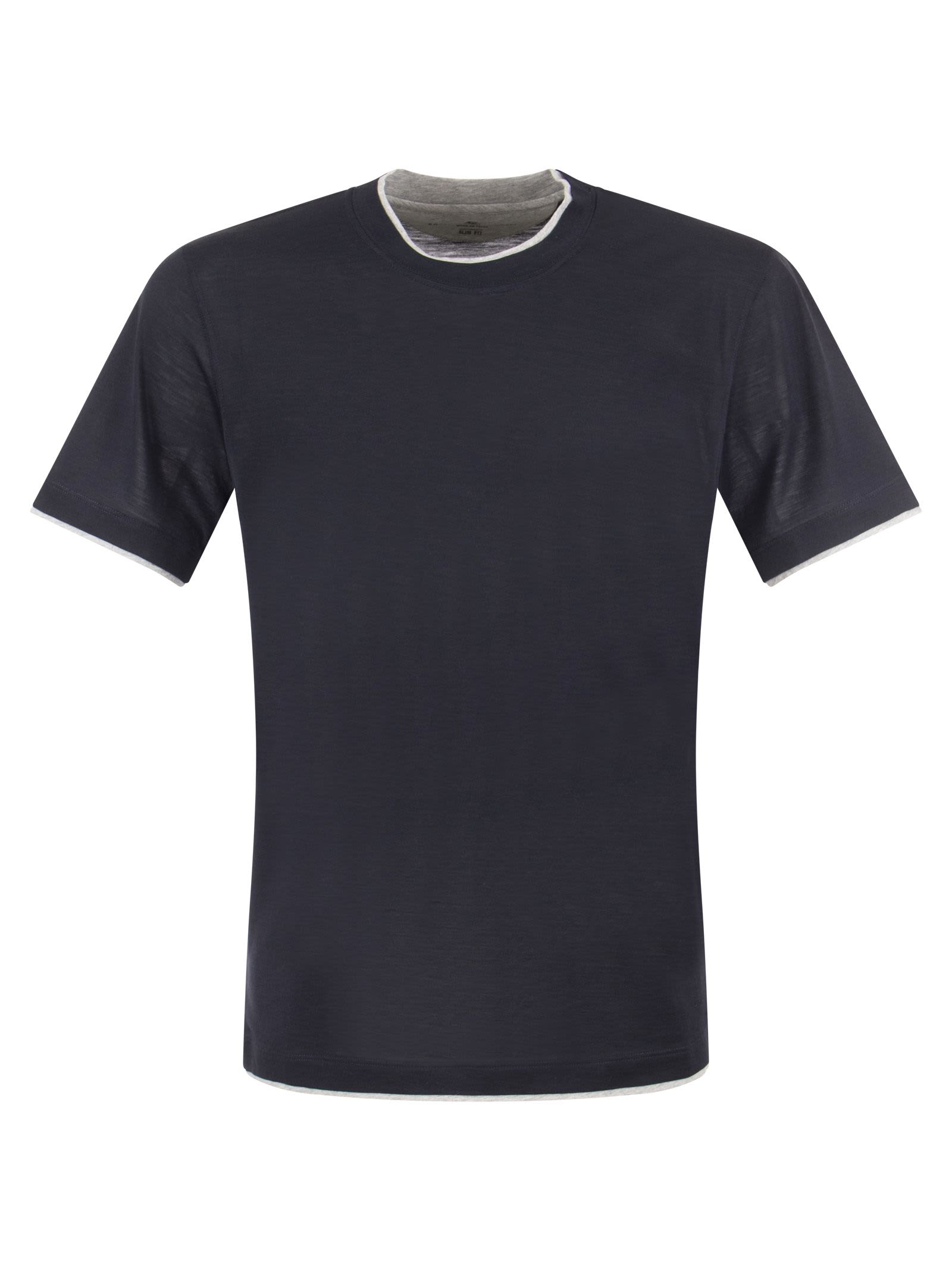Brunello Cucinelli Slim Fit Crew Neck T-shirt In Light Silk And Cotton Jersey With faux Layering