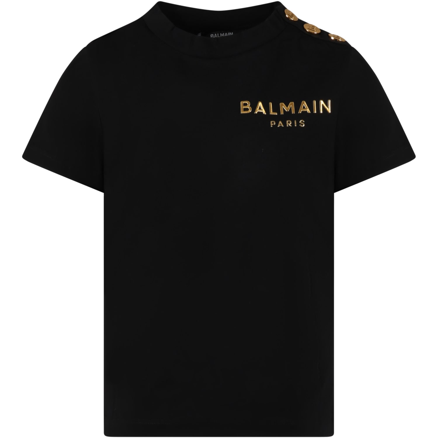 Balmain Black T-shirt For Kids With Golden Logo