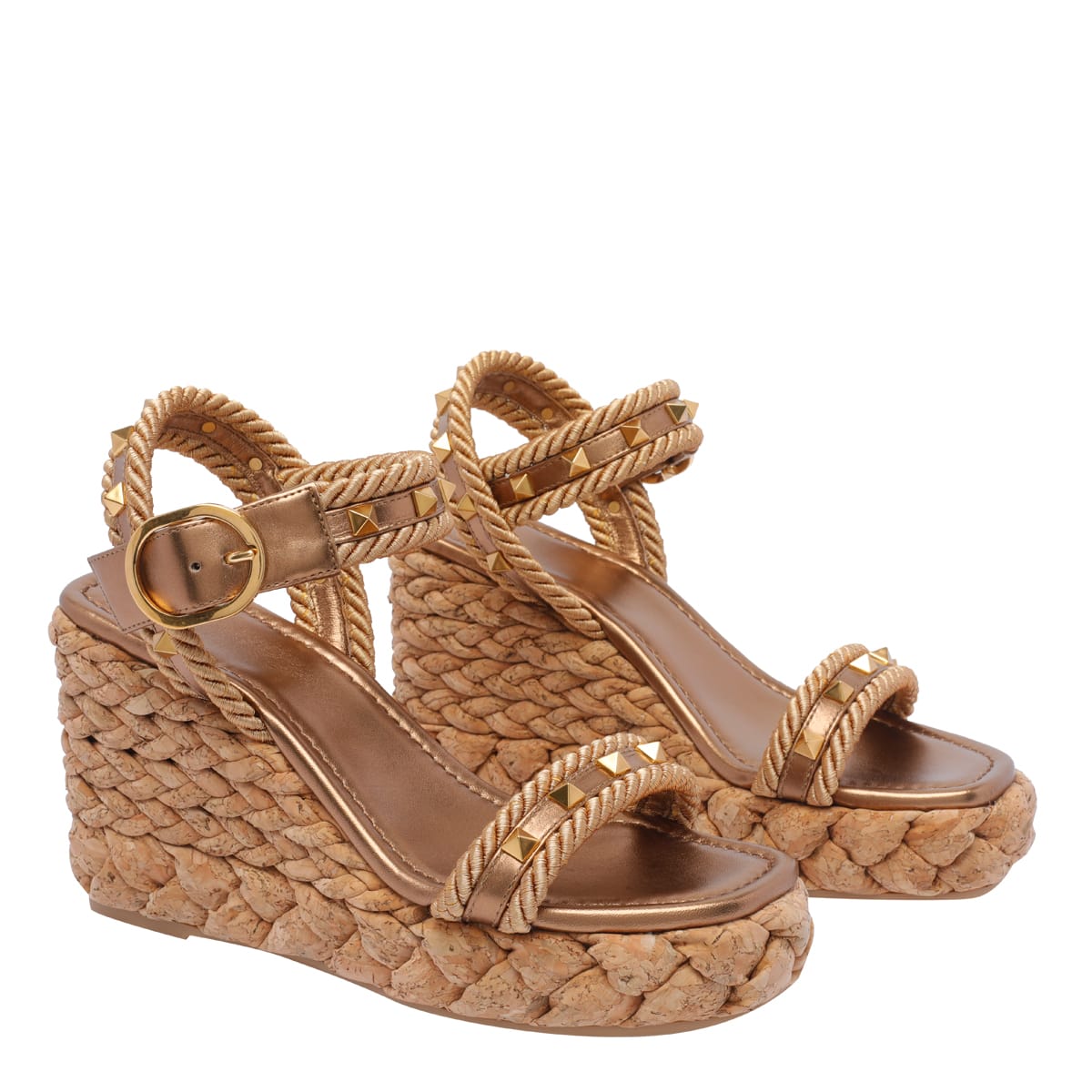 Valentino Studded Leather Cork Wedge Sandals In Brown