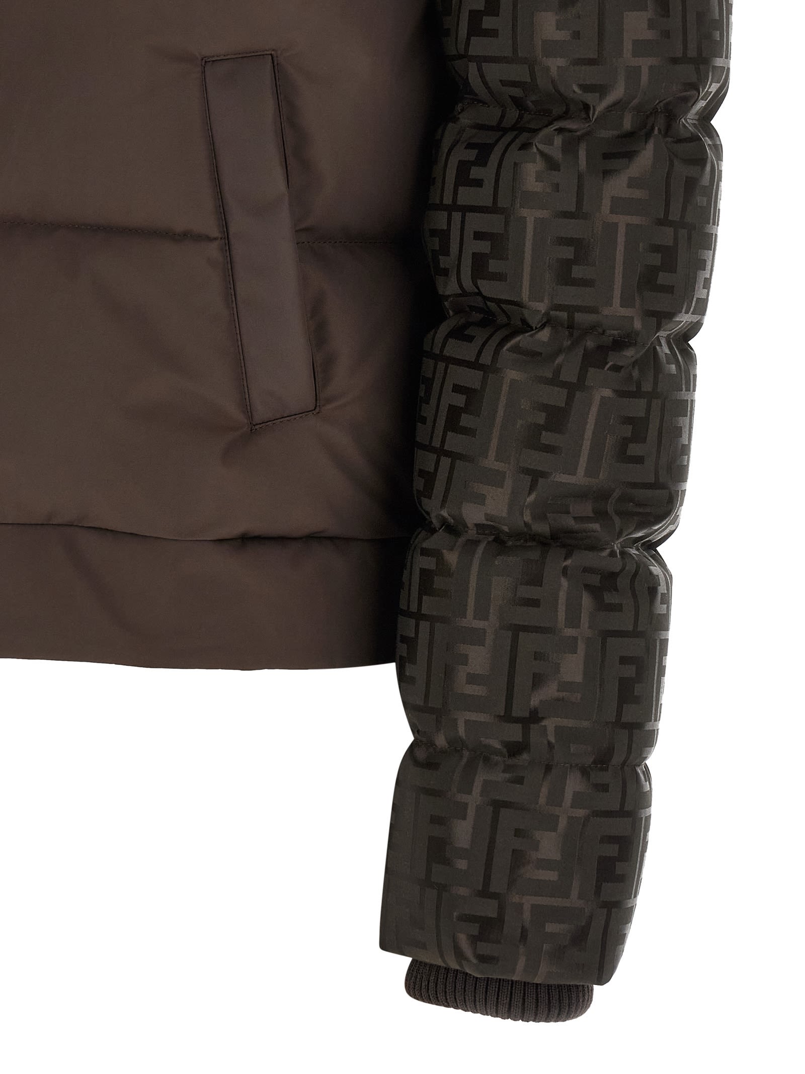 Fendi Women Brown Down Jacket With Drawstring Hood And Ff Motif In Tech Fabric Woman In Brown