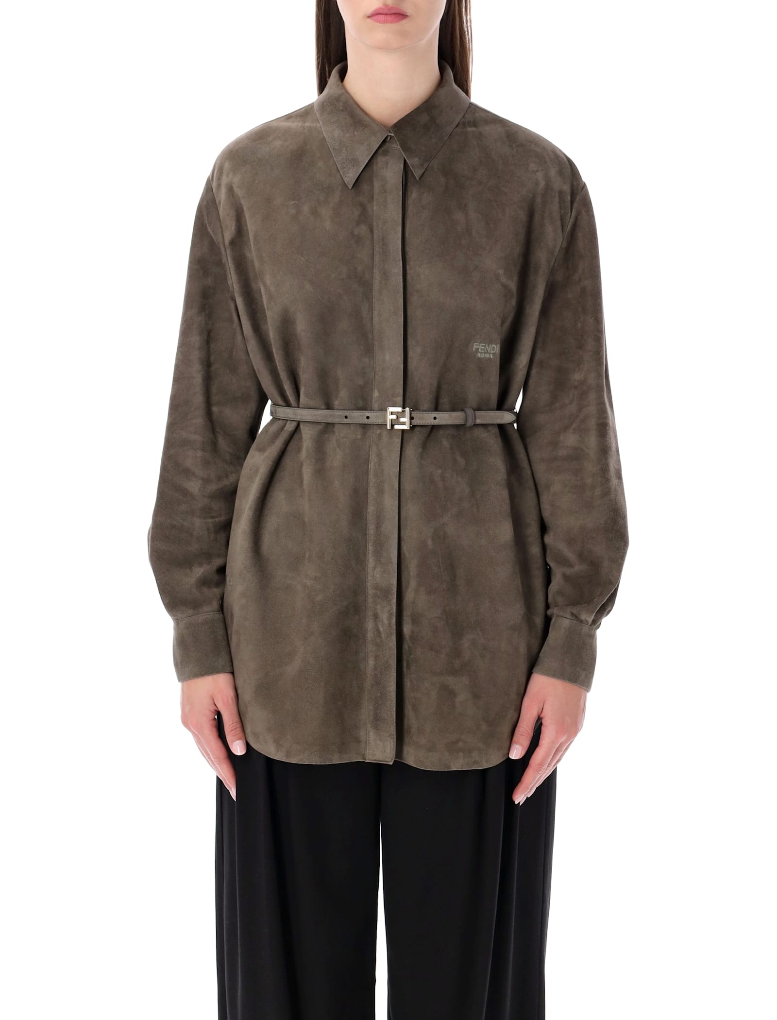 Fendi Taupe Suede Overshirt With Belt In Brown