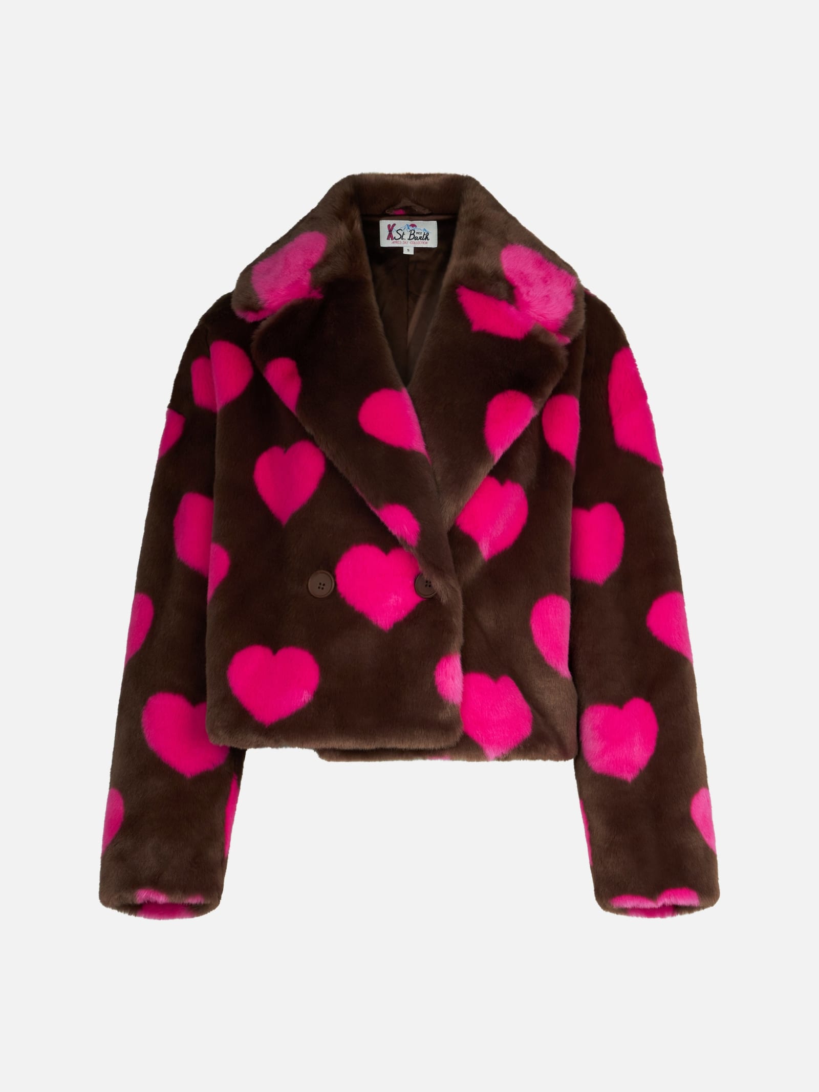 Mc2 Saint Barth Woman Furry Short Jacket With Heart Print In Brown