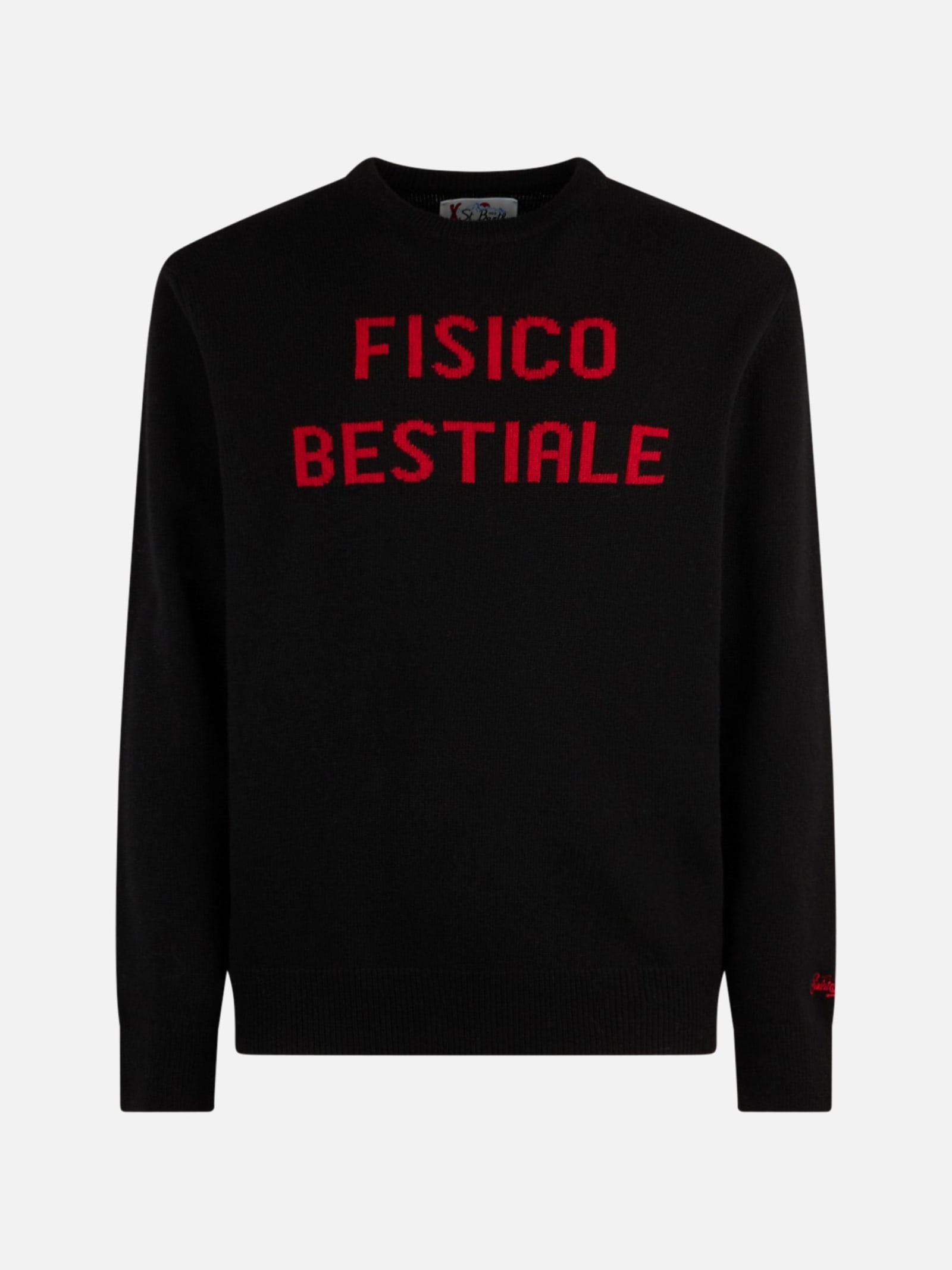 Shop Mc2 Saint Barth Man Crewneck Sweater With Fisico Bestiale Jacquard Print Niki Dj Special Edition In Black