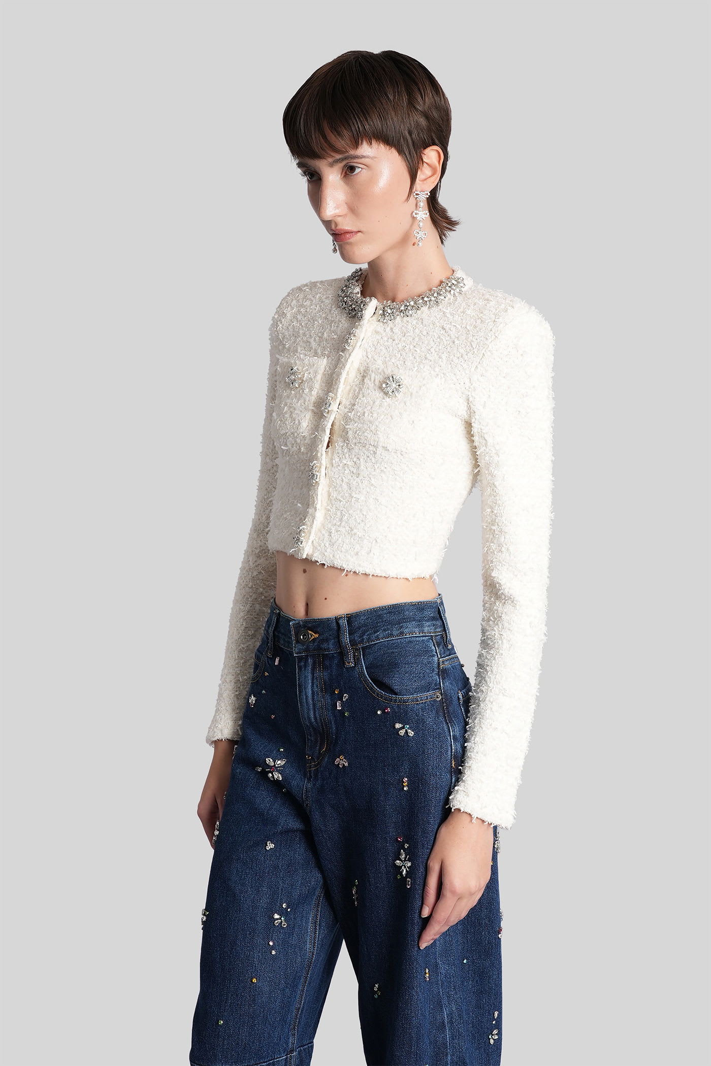 Self-portrait Cardigan In White Cotton In Multi