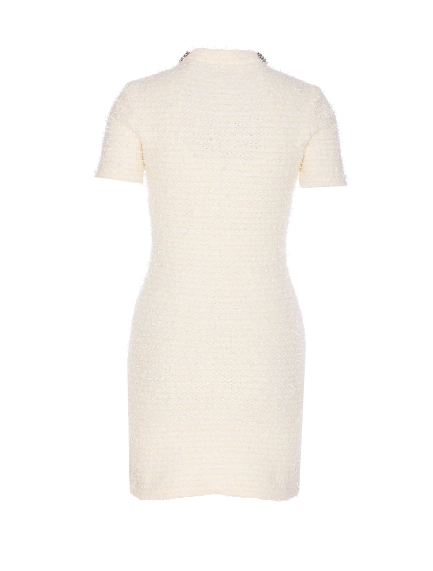 Self-portrait Mini Dress With Knit Tweed Texture And Crystal Accents In White