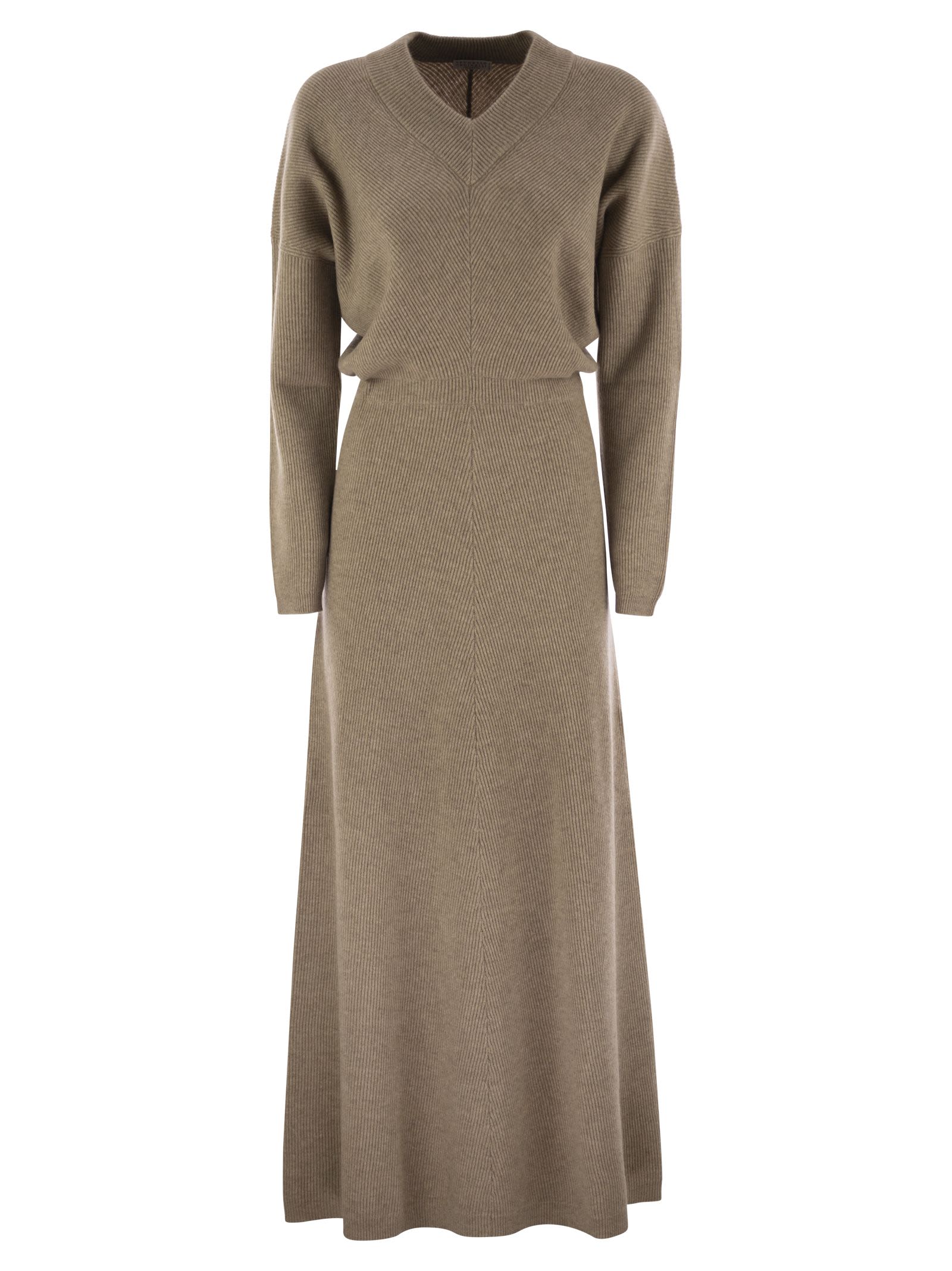 Shop Brunello Cucinelli Diagonal Cashmere Rib Knit Dress In Brown