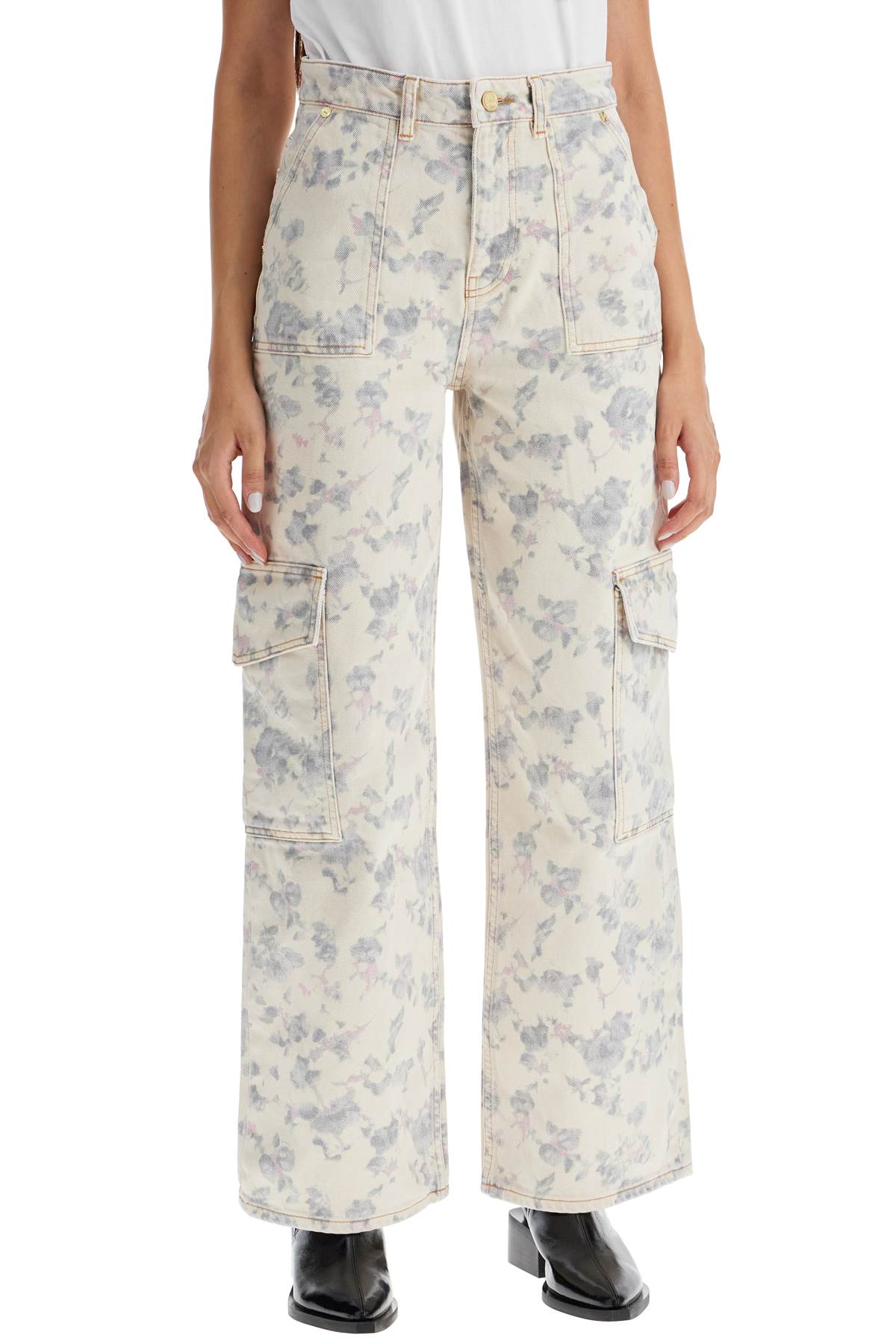 Shop Ganni Printed Cargo Jeans With Ang In Tofu (white)