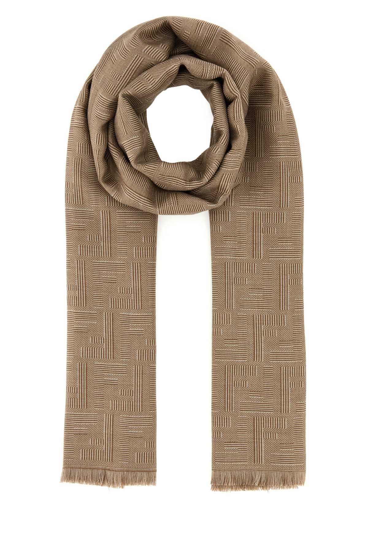 Shop Fendi Embroidered Wool Blend Scarf In Camel