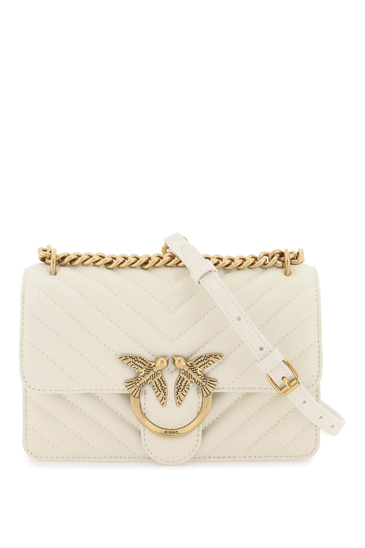 Shop Pinko Mini Love Bag One Chevron In Bianco Seta-antique Gold (white)