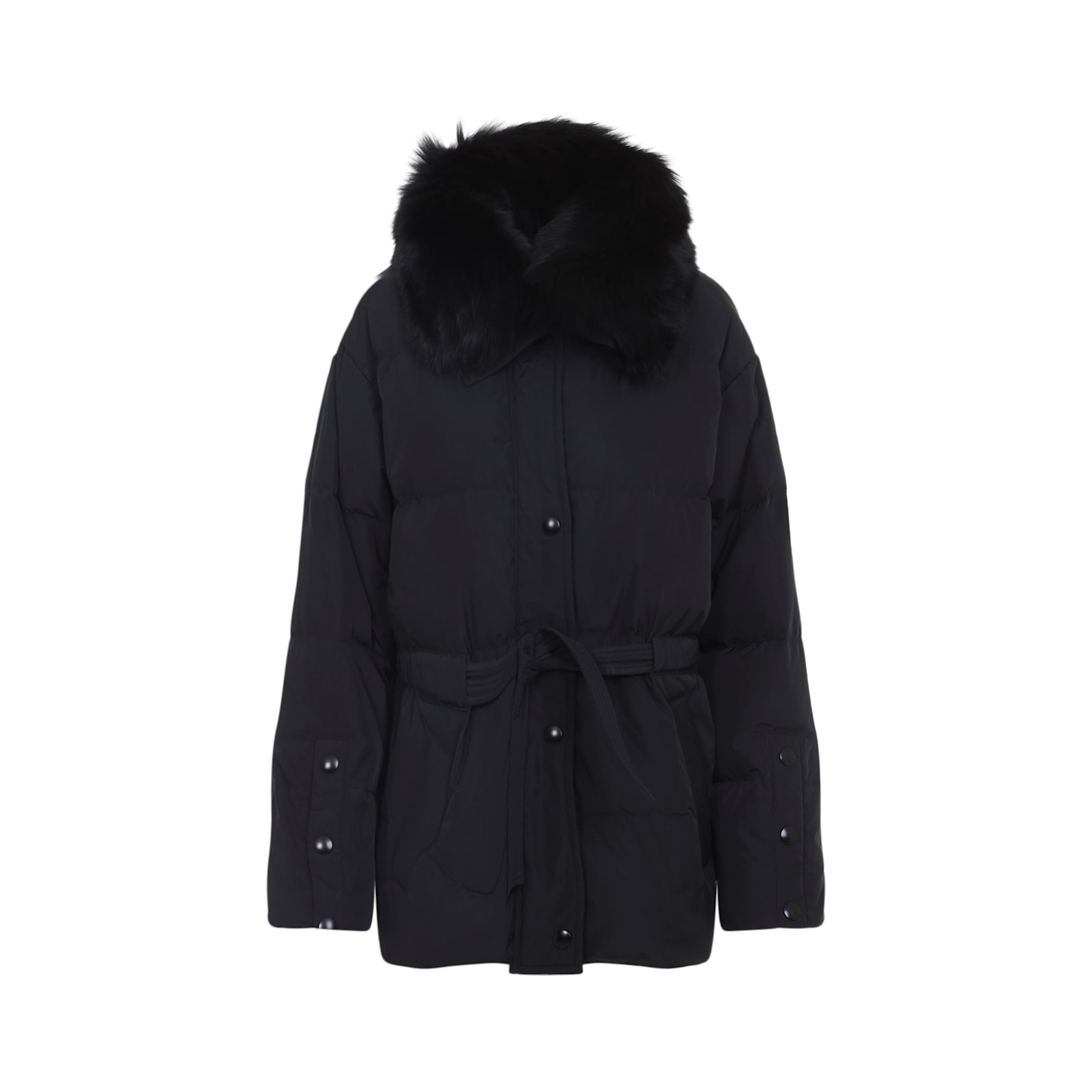 Yves Salomon Doudoune Short Down Jacket With Fur Inserts And Belt In Black
