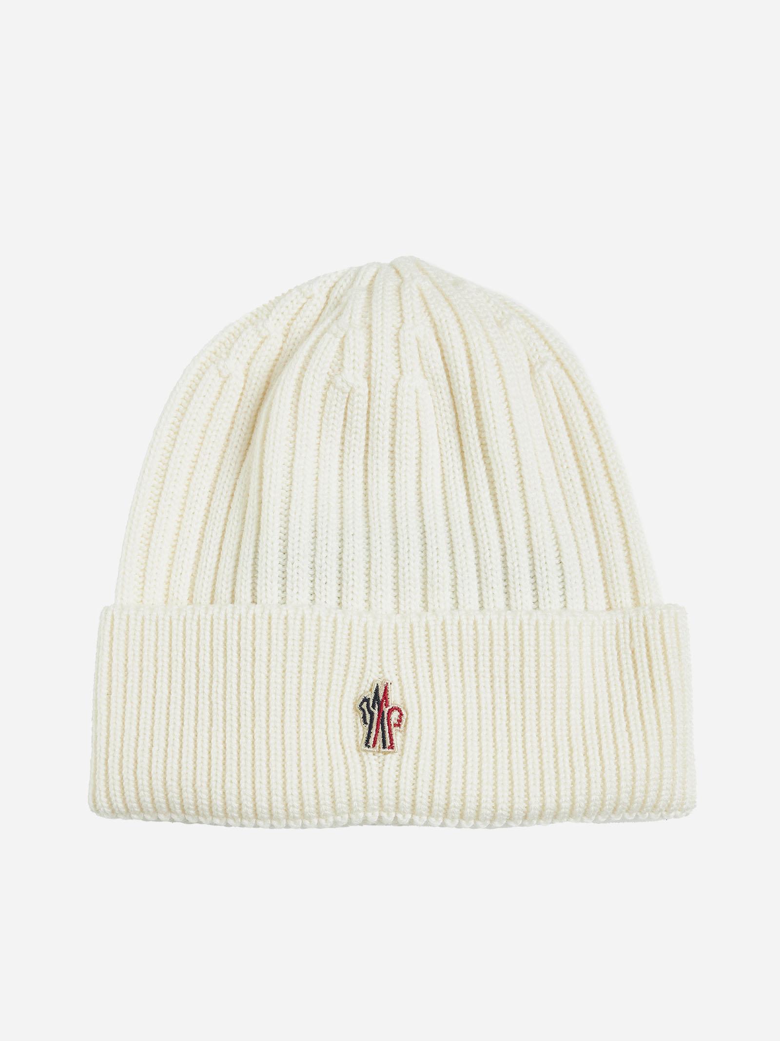 Shop Moncler Logo Wool Beanie In Natural