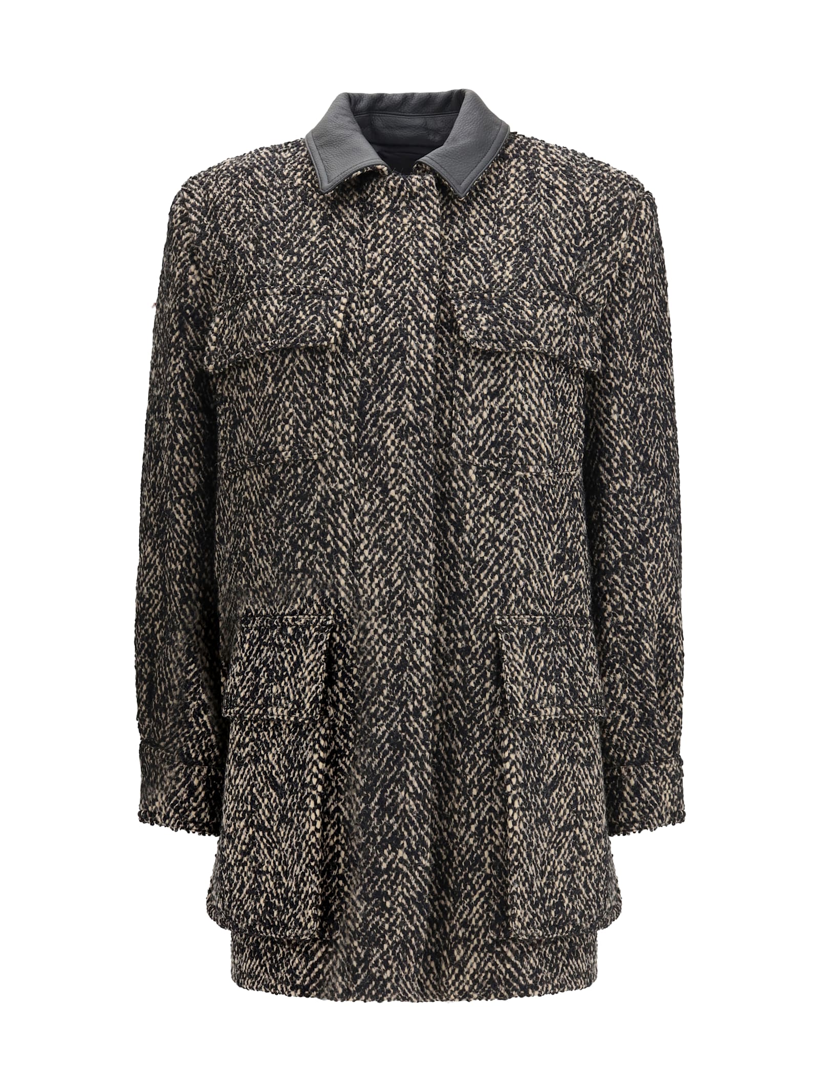 Max Mara Herringbone Pattern Wool Jacket With Leather Collar In Multi