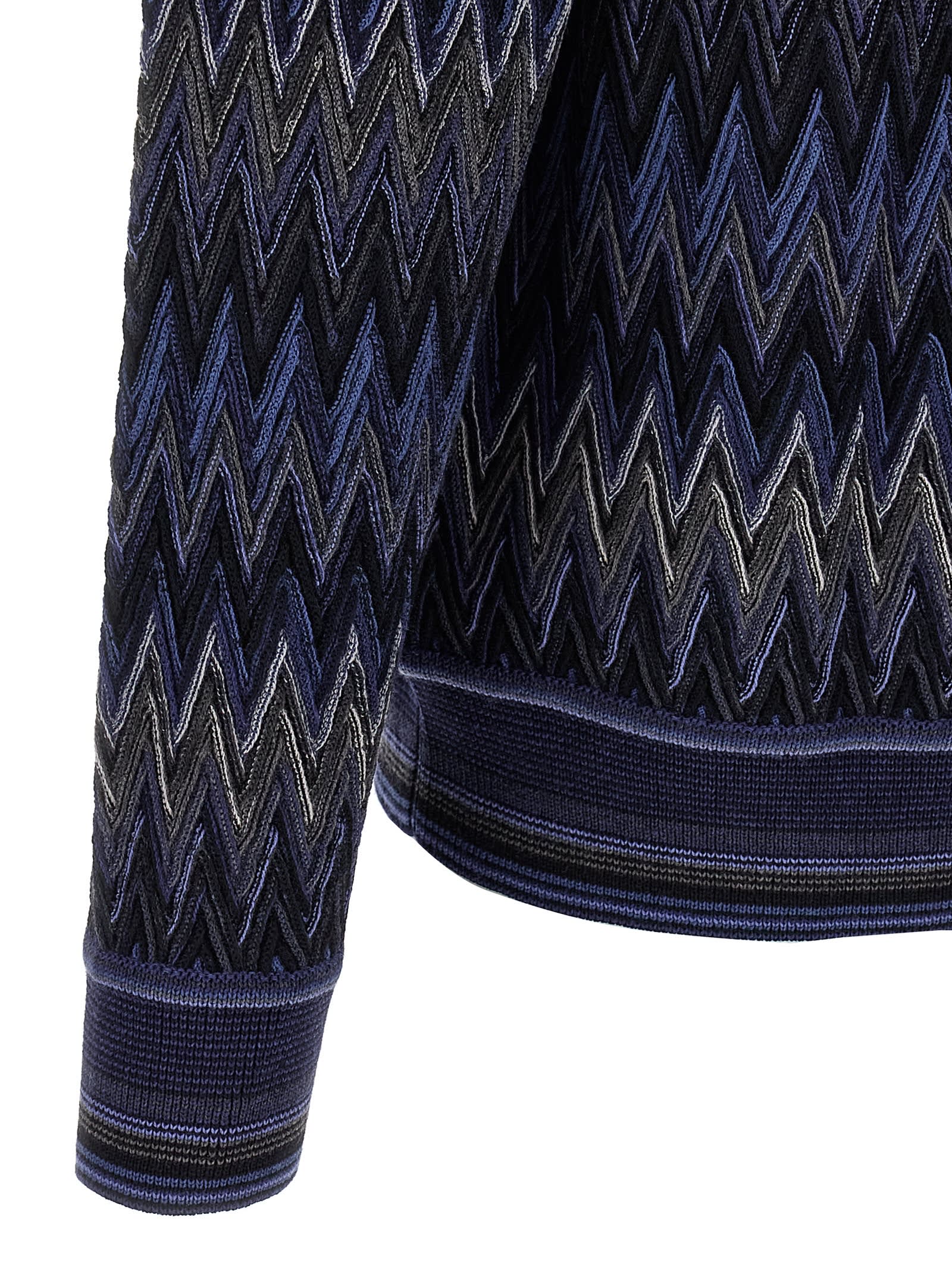Missoni Zigzag Pattern Wool Sweater With Crew Neck In Blue