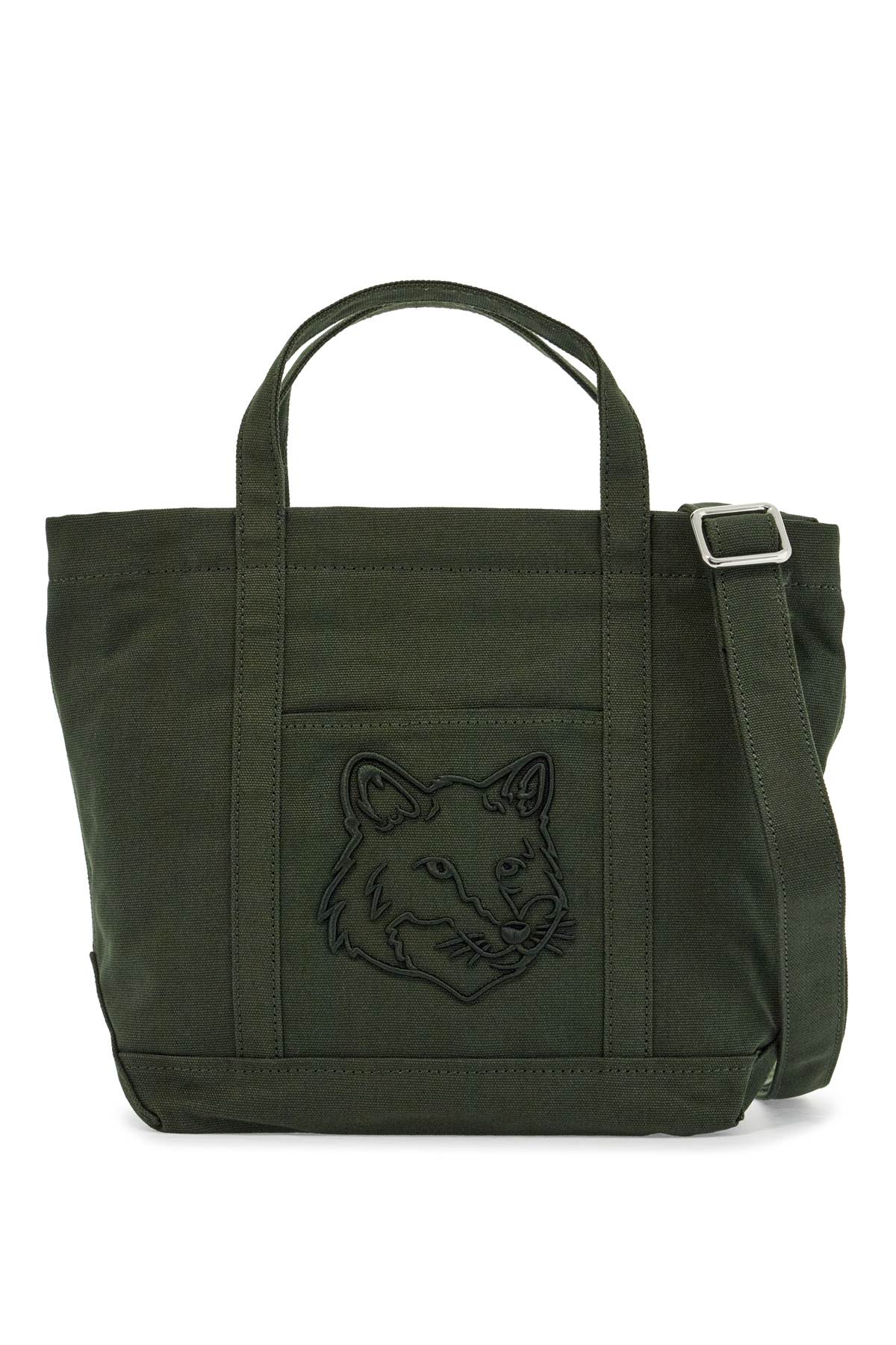 Maison Kitsuné Small Tote Bag In Ranger Green Cotton With Embroidered Fox Logo