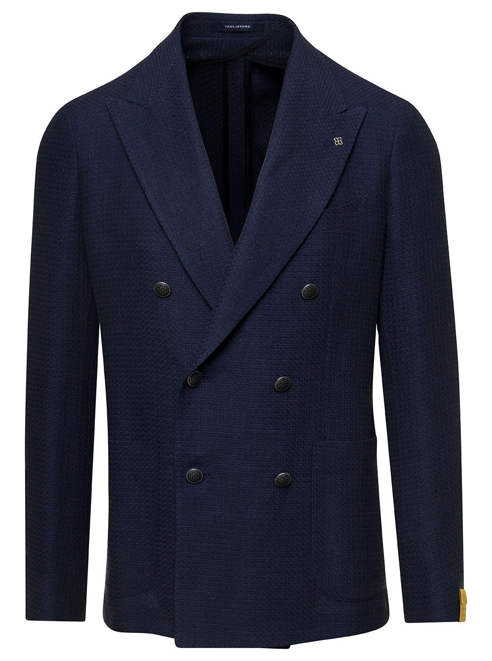 TAGLIATORE BLUE DOUBLE-BREASTED JACKET WITH LOGO CHARM IN LINEN BLEND MAN