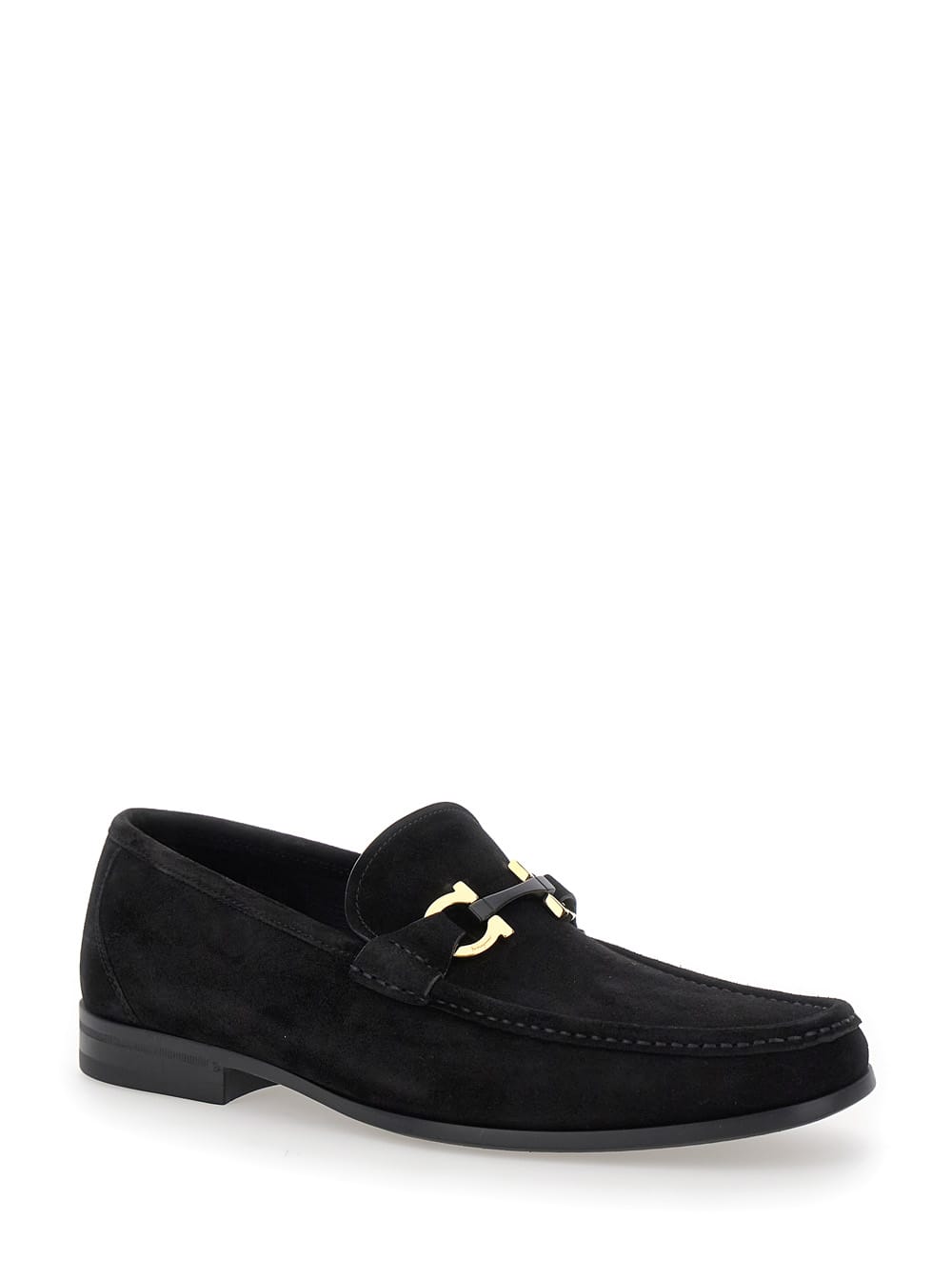 FERRAGAMO GRANDIOSO 2 BLACK LOAFERS WITH GANCINI IN SUEDE MAN 