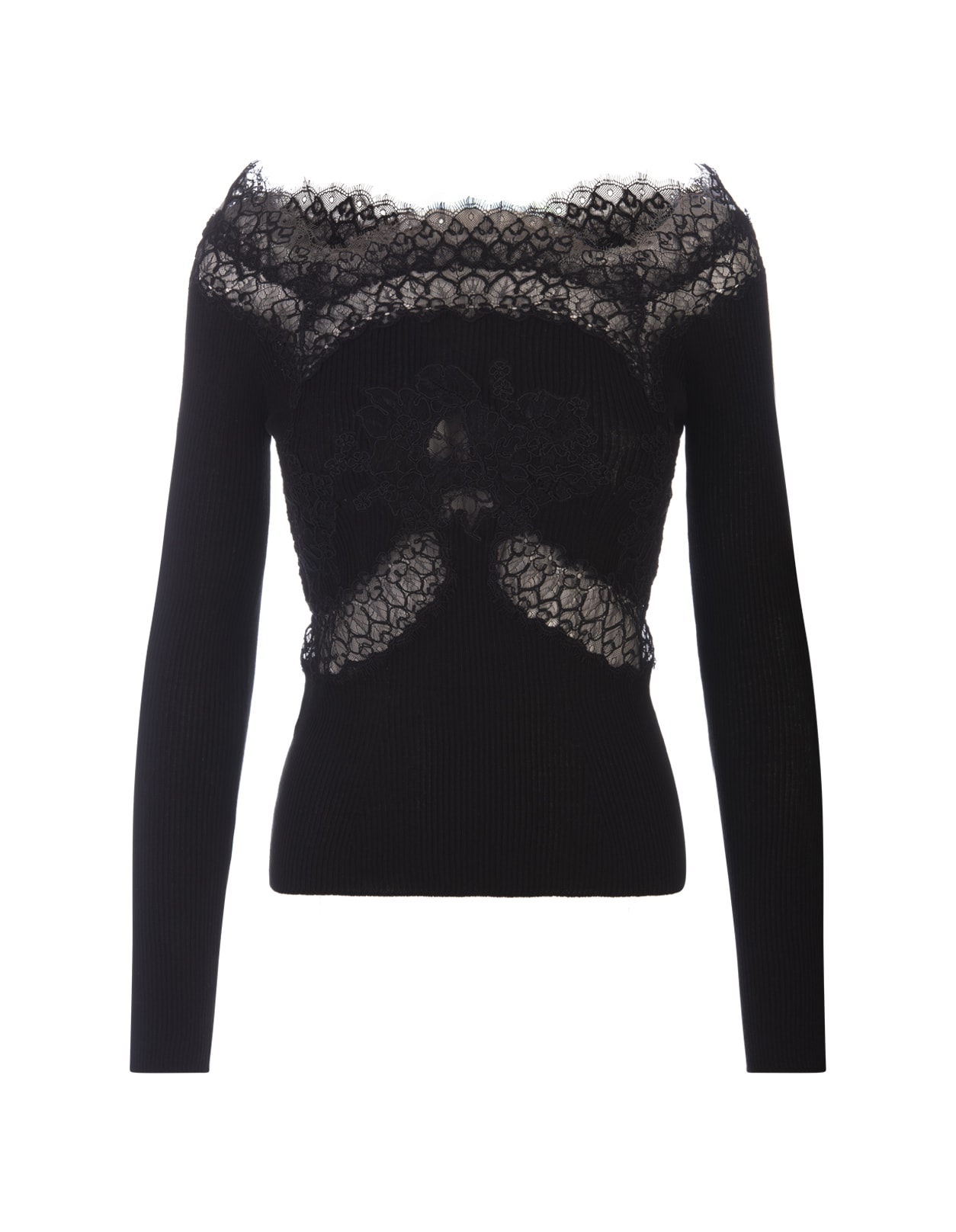 Black Sweater With Lace And Boat Neckline