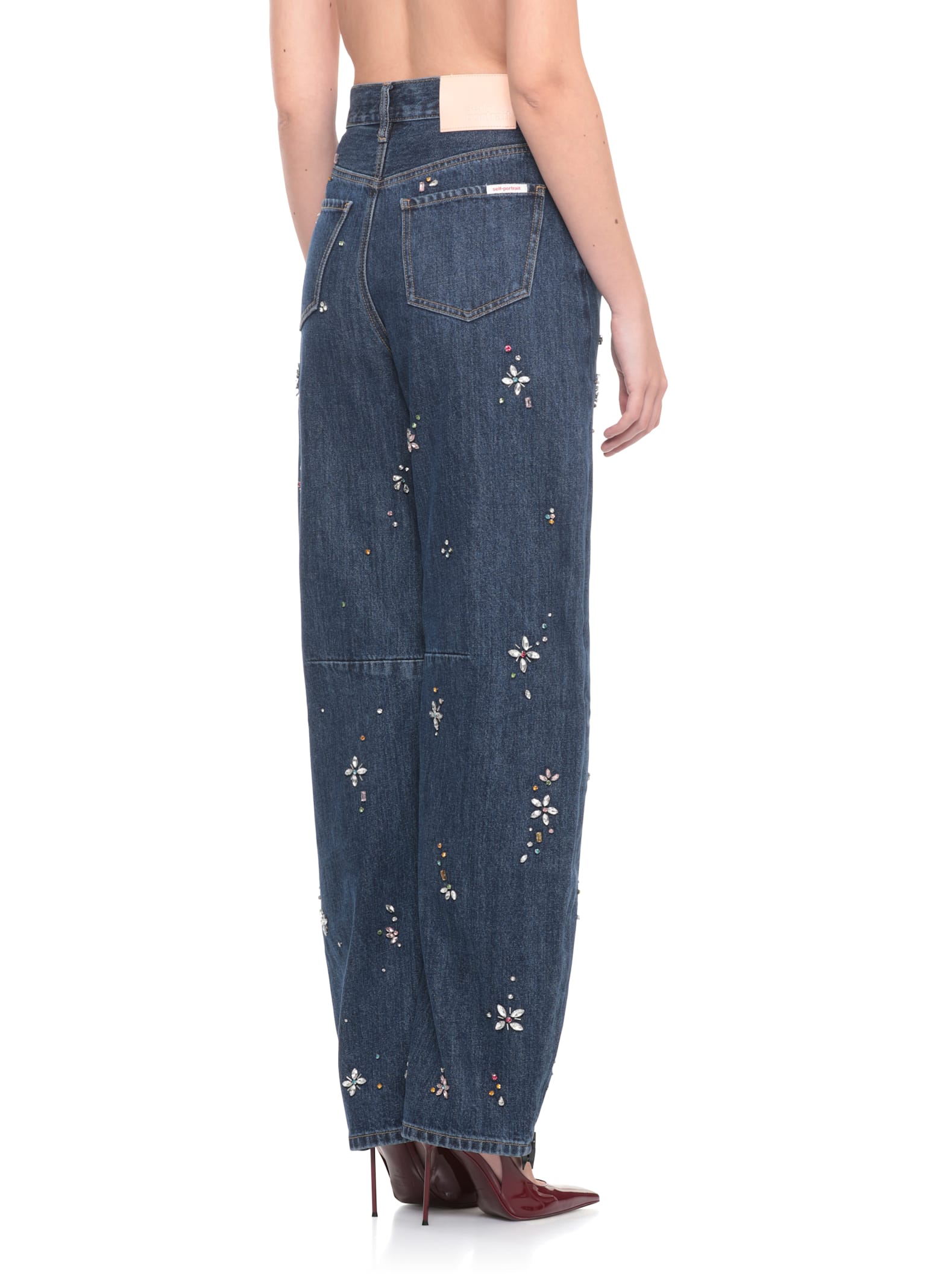 Self-portrait Wide-leg Cotton Jeans With Strass Floral Embellishments In Blue