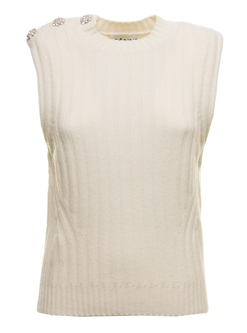 Ganni White Vest In Knitted And Ribbed Wool With Jewels Buttons Woman