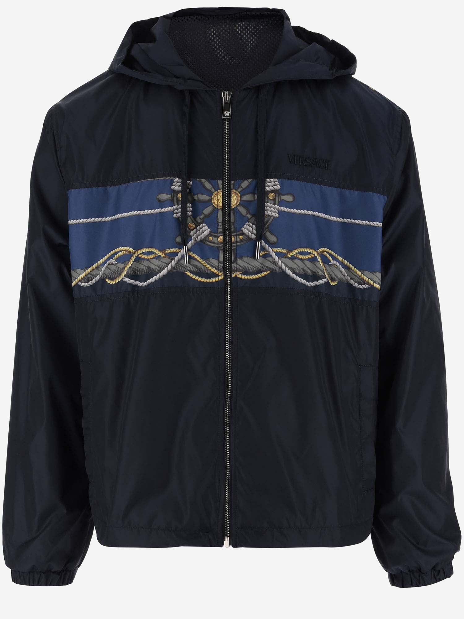 Shop Versace Nylon Jacket With  Nautical Pattern In Blu Navy+oro