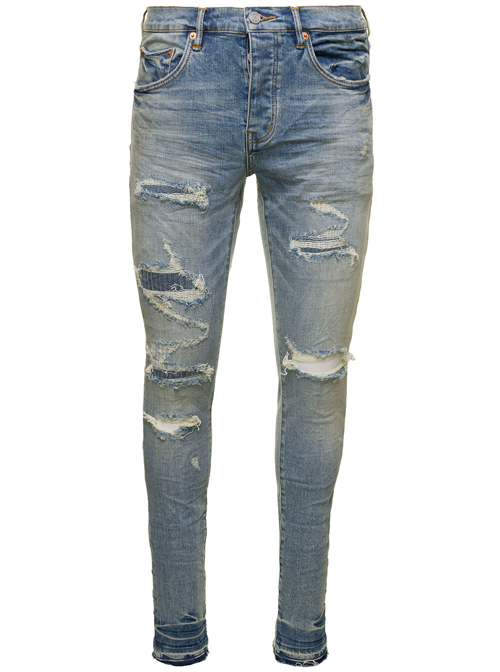 Light Blue Skinny Jeans With Rips Detail In Stretch Cotton Denim Man