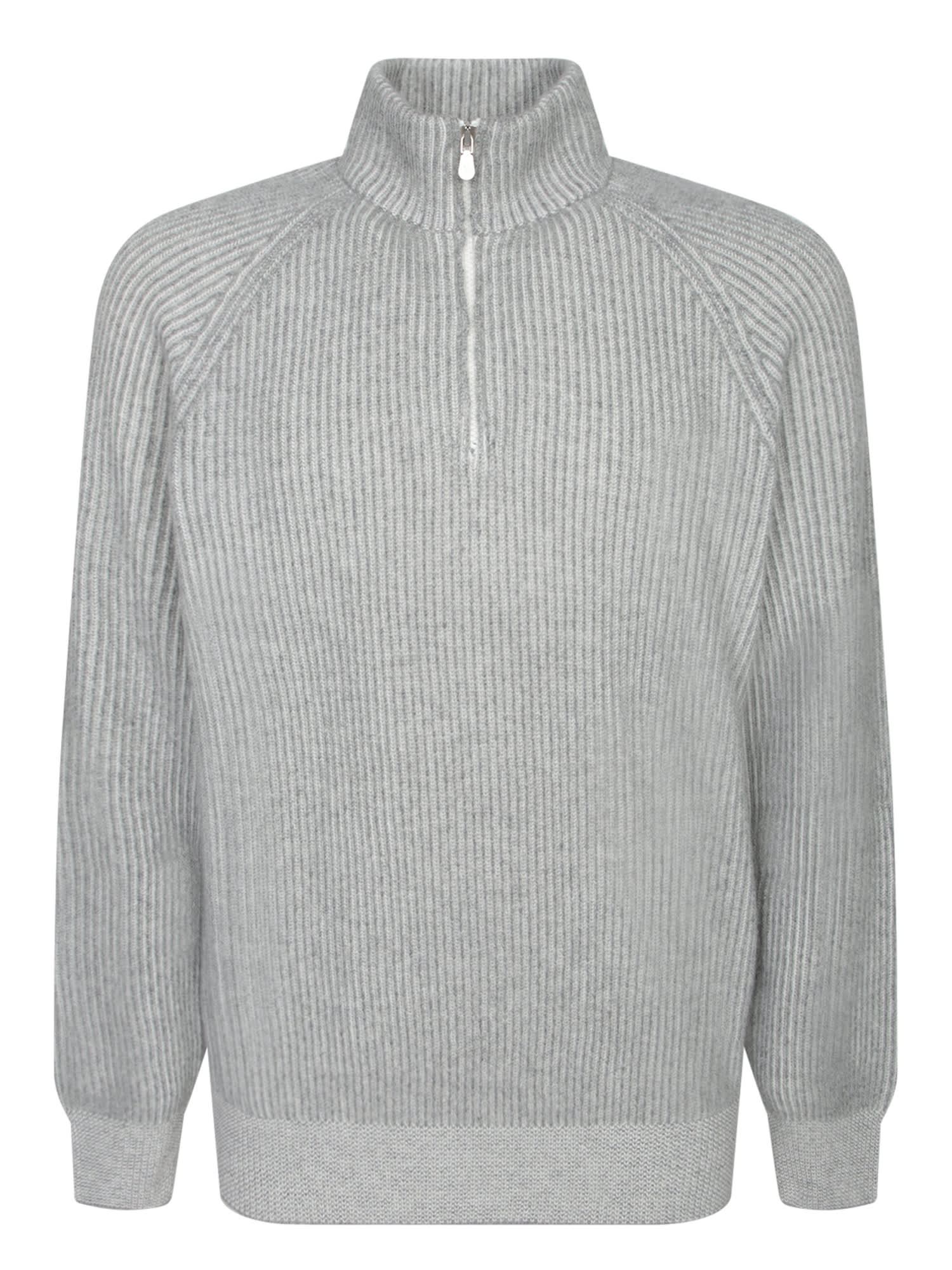 Brunello Cucinelli Ribbed Cashmere Funnel-neck Sweater With Raglan Sleeves In Gray