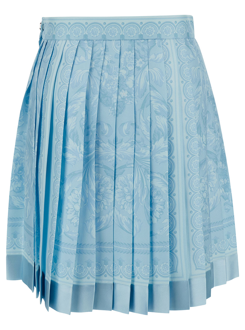 Shop Versace Mini Light Blue Pleated Skirt With Tonal Barocco Print In Silk Woman