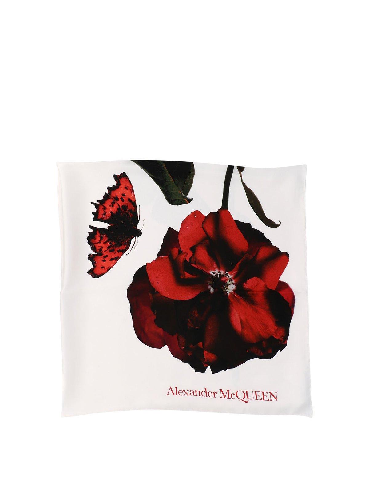 Shop Alexander Mcqueen Logo Detailed Rose Printed Scarf In White